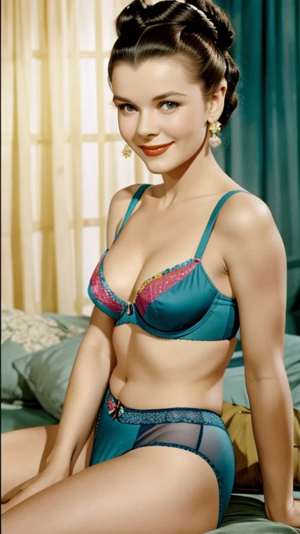 Vivien Leigh wearing a bun with colorful underwear and smiling