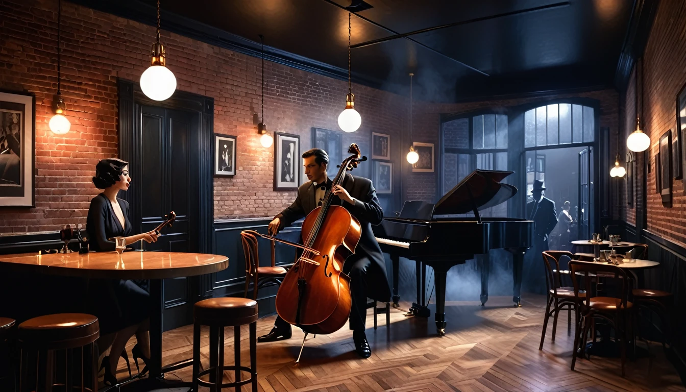 Interior of a very smoky vintage Parisian jazz club at night, The soft light of the pendant light、A man playing the cello and a seductive woman playing the piano。, Brick wall decorated with rhythmic shadow playing, A tranquil and enchanting atmosphere, 3D Rendering, To create a realistic yet fantastical scene、Diner scene with detailed textures and lighting, film noir jazz bar, drawn in a neo - noir style, neo - noir style, Neo-Noir Setting, neo noir style, inspired by f.. scott hess, Thomas Dalziel, film noir realistic, inspired by f. scott hess CFGスケール