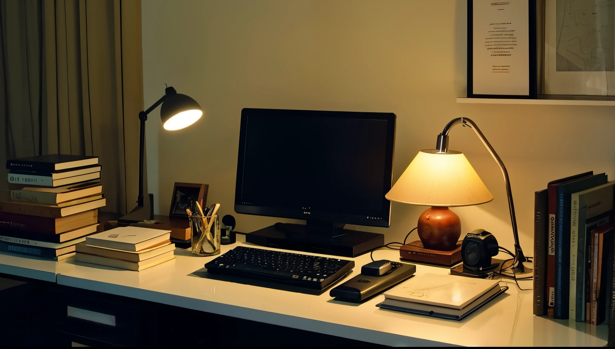 A minimalist study desk, organized with a few books, a lit lamp, pens, and an old-style computer from the mid-2000s. The color palette should be dark, predominantly black, with nostalgic and warm tones. The photo should have a retro vibe from around 2005, avoiding any modern or contemporary appearance.