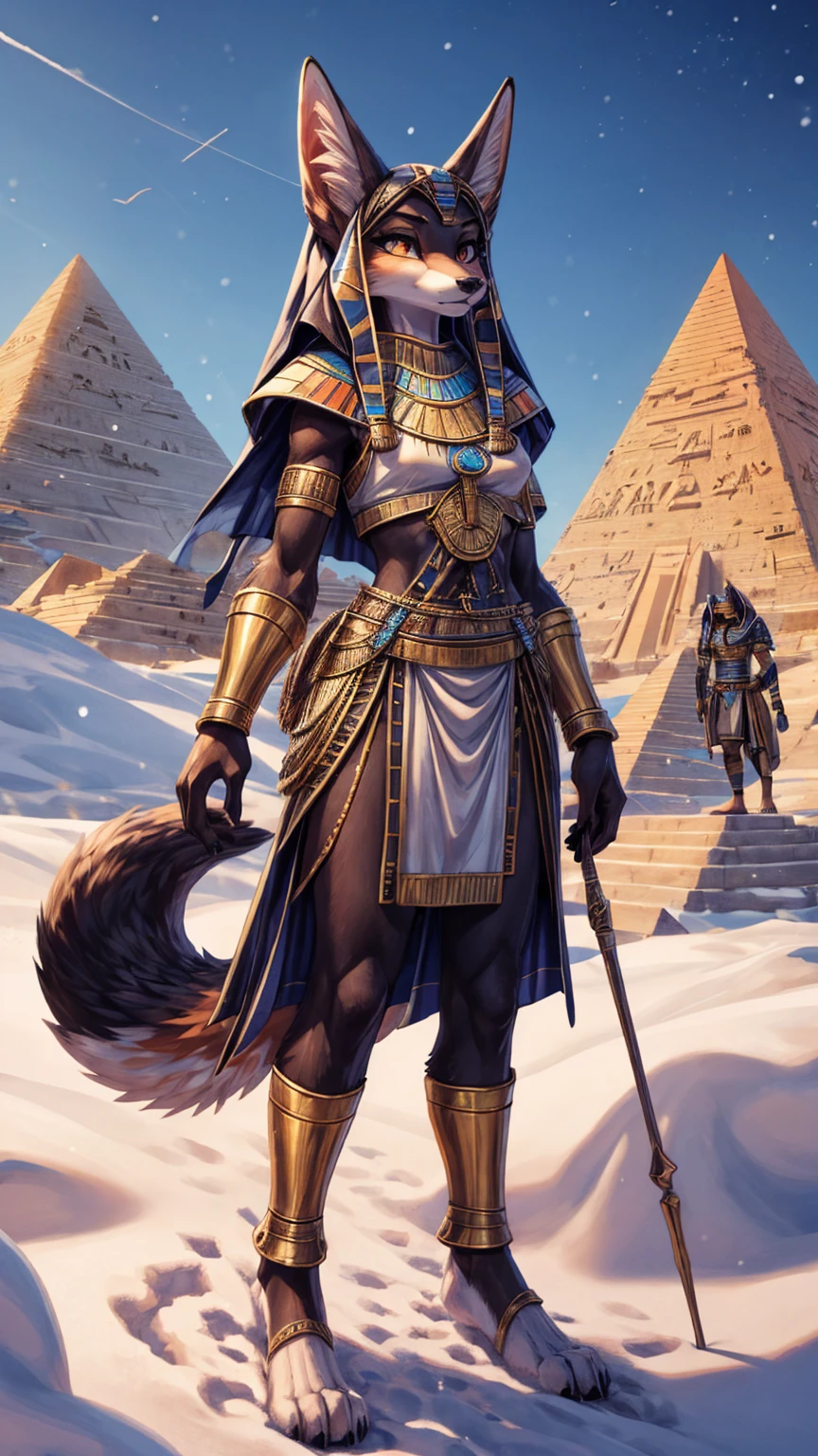 The best quality, Egyptian teen jackal black girl body, egiptian clothes , fox face elongated snout add-detail, Surprise face,  jackal warrior in the snow add_detail:1, add barefoot_detail:1 scoating pirámides in snow, background pyramids