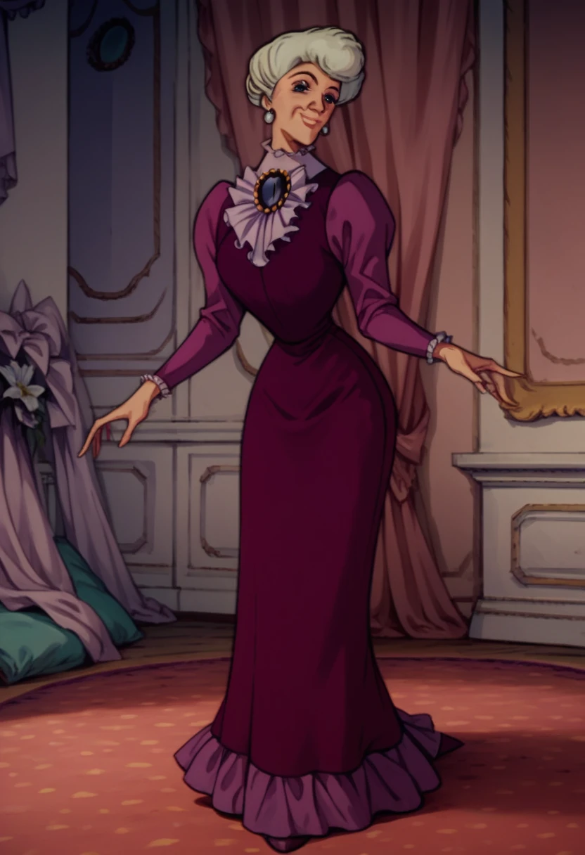 score_9_up, score_8_up, score_7_up, score_6_up, 1 girl, solo, m_adelaide, old woman, blue eyes, earrings, long purple dress, brooch, smile, in a beautiful french mansion, cartoon, retro artstyle, Standing, full body, looking on viewer,