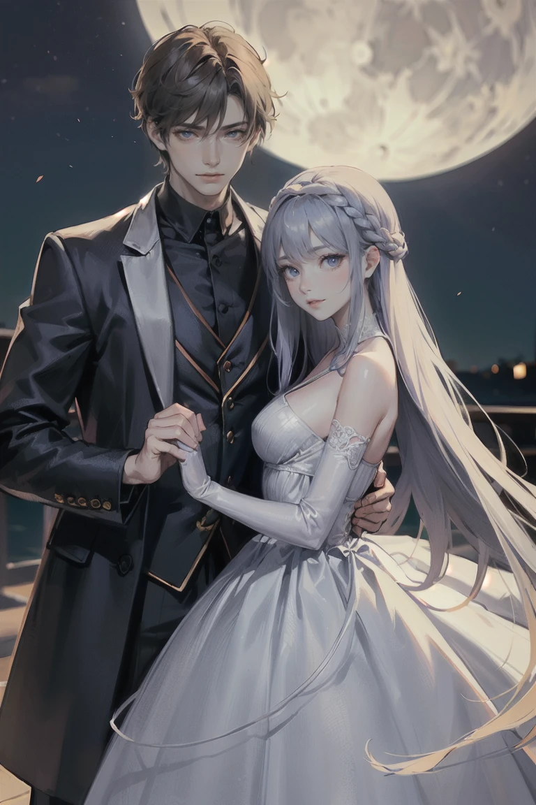 ((Highest quality)), ((masterpiece)), (detailed)、Couple、men and women、Beautiful Youth、beautiful girl、(The man has beautiful silver hair and blue eyes.)、(The woman has brown hair and brown eyes)、Facing each other with the moonlit night as a backdrop、The man is tall and the woman is leaning on him.、Woman smiling