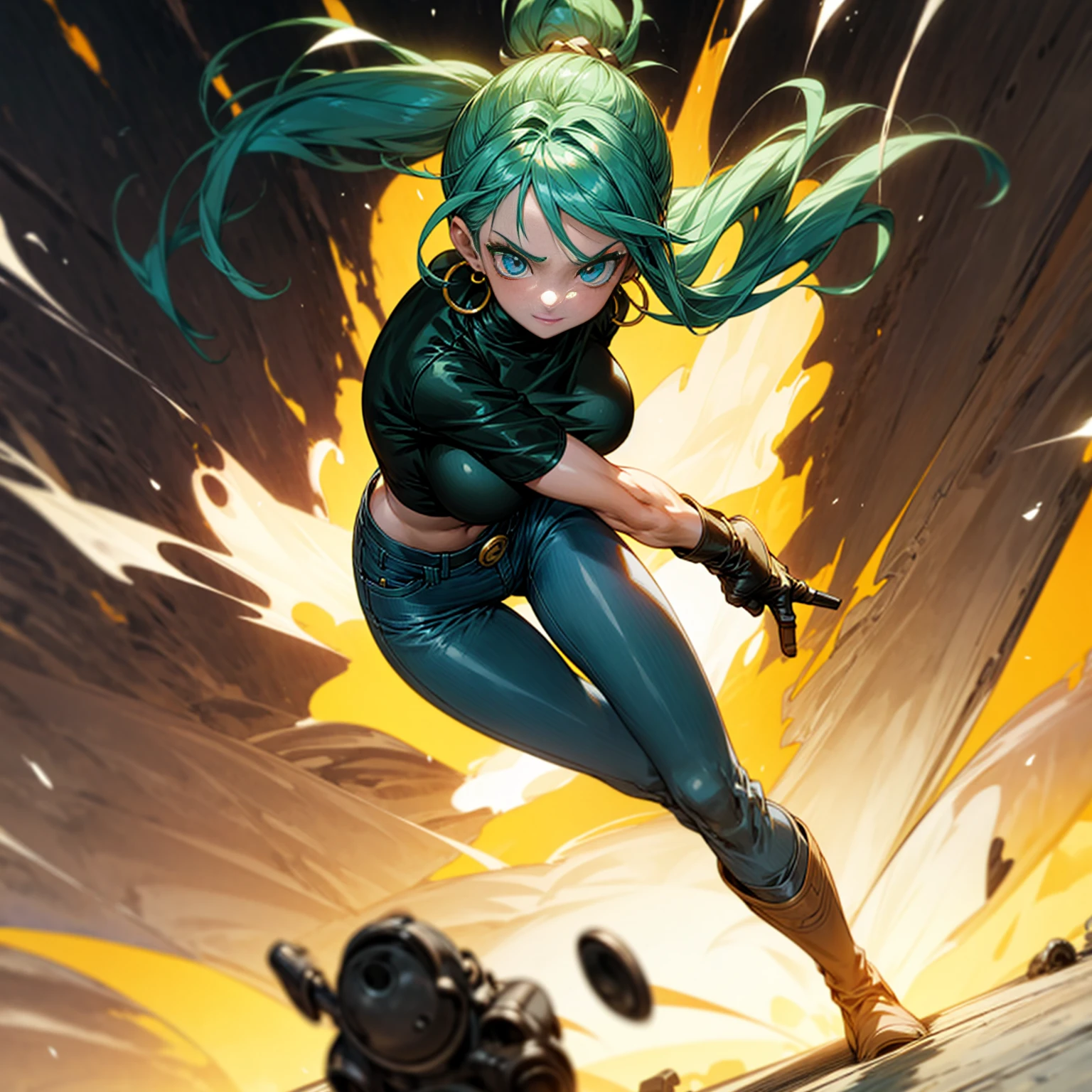 Solo character, young girl, full body version, blue eyes, green hair, long Curly hairstyle, ponytail, black t-shirt, long jeans, white boots, gloves, big breasts, Grassroots, background in street city, evening day, (one piece style art), standing battle gesture, hand gun in hand, smoke effect, fire effect, blood on background, happy eyes, Hoop earrings, behind angle view 