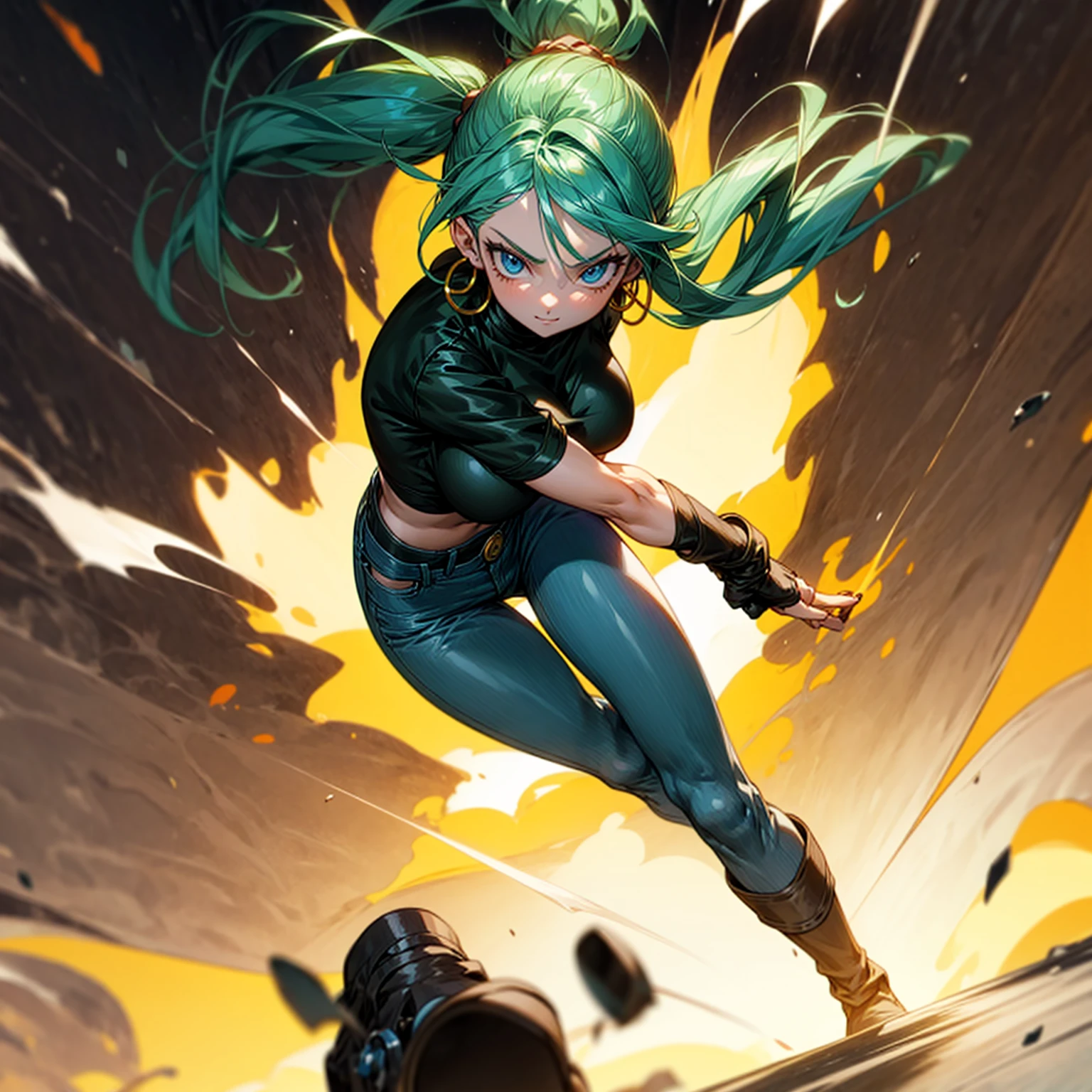 Solo character, young girl, full body version, blue eyes, green hair, long Curly hairstyle, ponytail, black t-shirt, long jeans, white boots, gloves, big breasts, Grassroots, background in street city, evening day, (one piece style art), standing battle gesture, hand gun in hand, smoke effect, fire effect, blood on background, happy eyes, Hoop earrings, behind angle view 