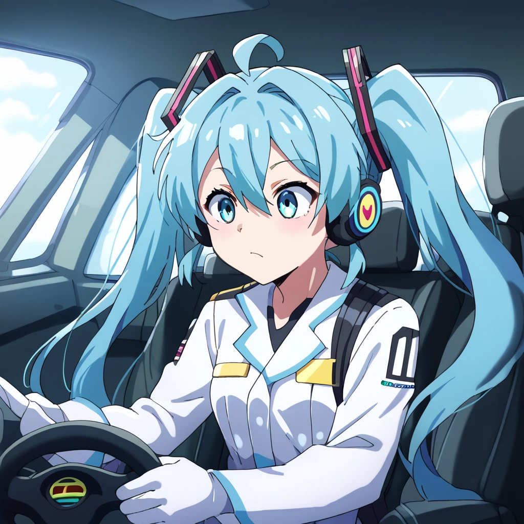 (ray tracing,:0.8),1girl,solo,miku hatsune,ahoge,aqua eyes, aqua hair,crossed bangs,hair between eyes,hair ornament, headphones,long hair,twintails,inside the helmet, focused,cyberformuladriverseat:1.1,calm,cockpit,canopy,driving,pilot suit, helmet,gloves,steering wheel,seatbelt,vehicle interior, motion blur,motion lines,speed lines,Anime_screencap,fake_screenshot,score_9,score_8_up,score_7_up, score_6_up, score_5_up,score_4_up,source_anime,fine anime screencap,style parody,official style,anime coloring,(SuperQuality:1.0) ~ (SuperQuality:1.2),AissistXLv2