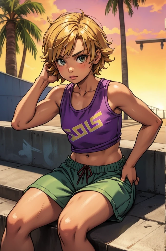 12-year-old girl with short wavy blonde hair, hazel eyes, flat chest, wearing a white cropped tank top with a colorful print, hazel Bermuda shorts, posing sitting on a staircase with graffiti, upper body, concrete staircase background with graffiti in a skate park, palm trees, depth on field, Dutch angle, afternoon light, evening, sunset, los angles, six pack