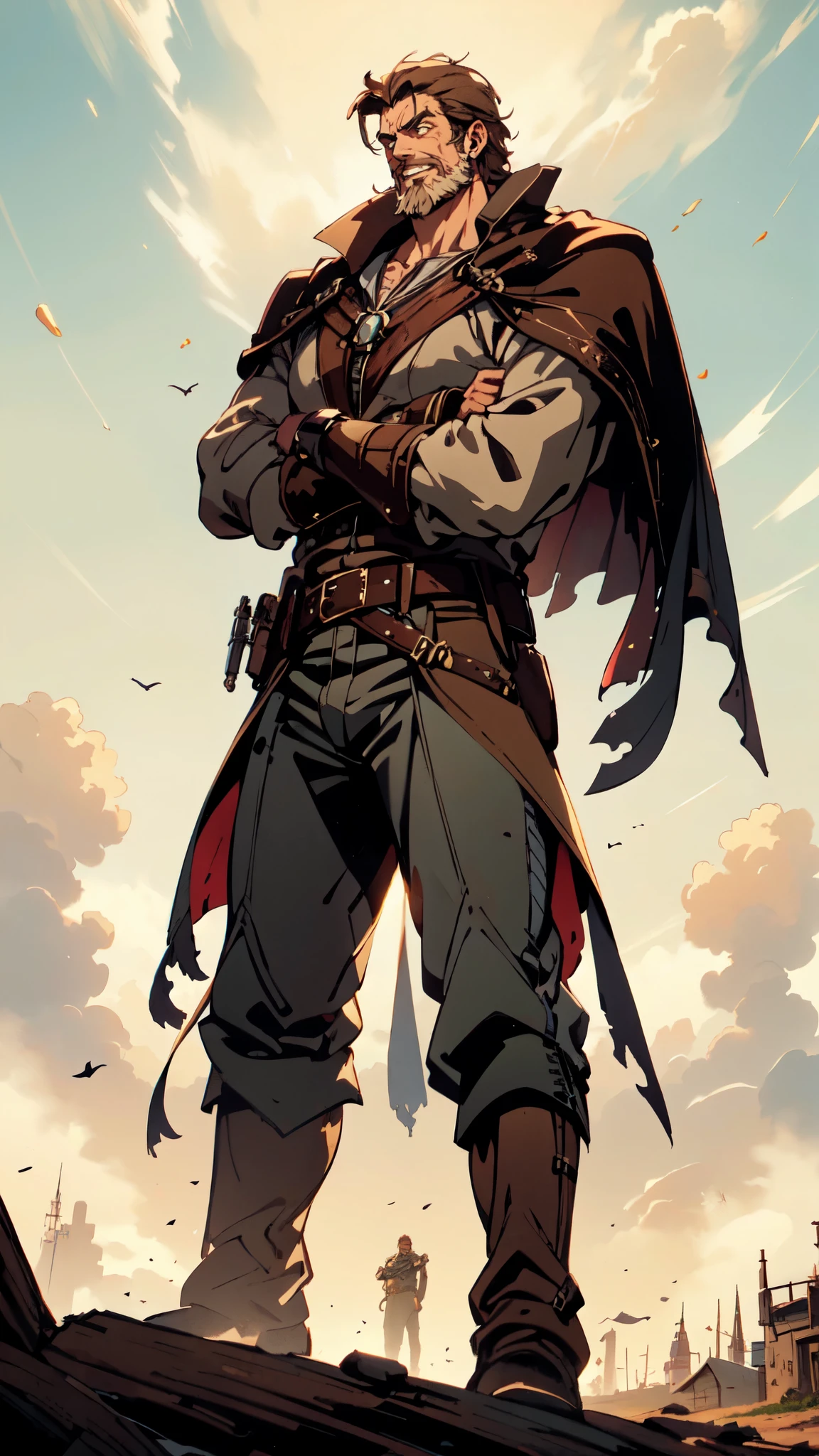 (masterpiece:1.2, best quality:1.2, extremely delicate:1.2), ((male:1.5)), a middle-aged man with short black and gold hair, rugged eyebrows, a full beard, downturned triangular eyes, an arrogant expression, mouth open laughing, a tall and robust build, a fantasy western-style cape and leather coat, his arms crossed over his chest, a leather utility belt, loose canvas trousers, standing majestically on a barren hillside, this character embodies a finely crafted fantasy western-style overlord in anime style, exquisite and mature manga art style, dramatic, high definition, highres, ultra-detailed, ultra-fine painting, professional, perfect body proportions, golden ratio, anatomically correct, symmetrical face, extremely detailed eyes and face, high quality eyes, creativity, RAW photo, UHD, 32k, Natural light, cinematic lighting, (masterpiece-anatomy-perfect:1.2)