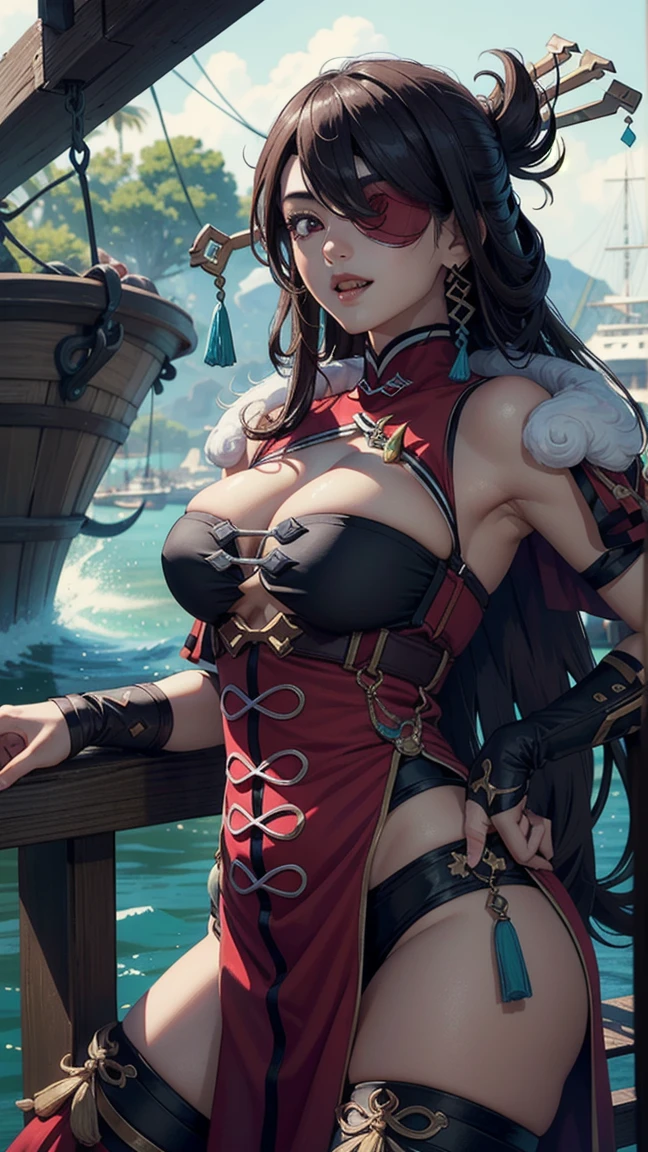 ((masterpiece)),(bestquality),((ultra-detailed)), (beautiful detailed face), depth of field,detailed,((beautiful detailed eyes)), big breast, beidoudef, eye patch, body 3:4, in a pirate boat. Laughing and drinking a bottle of rum.