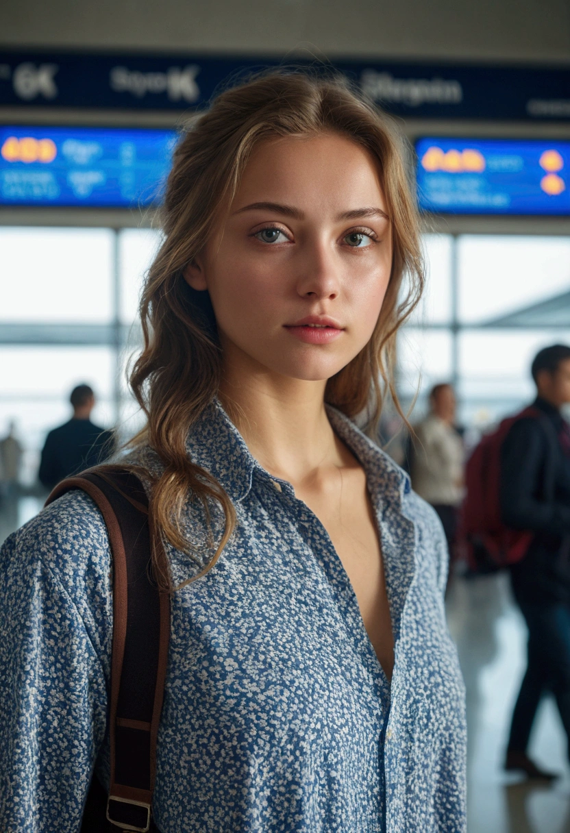 Create a highly realistic image of a blonde woman on a metro platform. She should have long, flowing blonde hair with natural highlights and a subtle sheen, reflecting the artificial lighting of the metro station. Her facial features are detailed and lifelike: bright blue eyes with clear, intricate irises; a refined, delicate nose; and full lips with a soft, natural pink color. Her skin is fair, with a realistic texture showing subtle variations in tone under the station's lighting.
She is dressed in a casual yet stylish outfit, with textures and folds that appear natural and realistic, suitable for a busy urban setting. The fabric should look comfortable and modern, fitting the everyday environment of a metro station.
The metro platform is bustling with activity, featuring a mix of commuters in the background. The setting includes typical elements of a metro station: sleek, modern design, bright signage, and the metallic sheen of train tracks. The lighting is a combination of overhead fluorescent lights and the ambient glow from train and platform screens, casting realistic shadows and highlights. The focus is sharp on the woman, portraying her as a distinct figure amidst the dynamic, everyday scene of the metro platform.