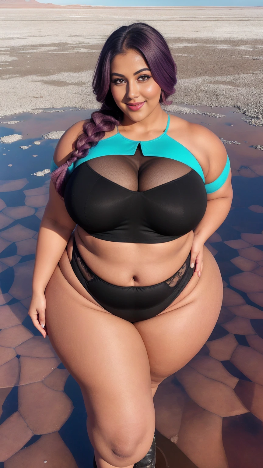 gorgeous curvy plus size Indian bengali actress ritavori , glowing eyes, wearing SHEIN EZwear Number Print Notched Neckline Raglan Sleeve Crop Tee , covered Bust, parted lips, blushing cheeks, thick thighs, bigger waist, busty, curvy plus size body, full body, full body shot, head to toe view, smoothning burgendy color hair with pfrench braid hairstyle, hourglass body, curvy plus size body, smile face, bigger waist, busty, big hips, fleshy thighs, thick thighs, busty, full body view, Salar de Uyuni, Bolivia: Vast salt flats with mirror-like reflections.