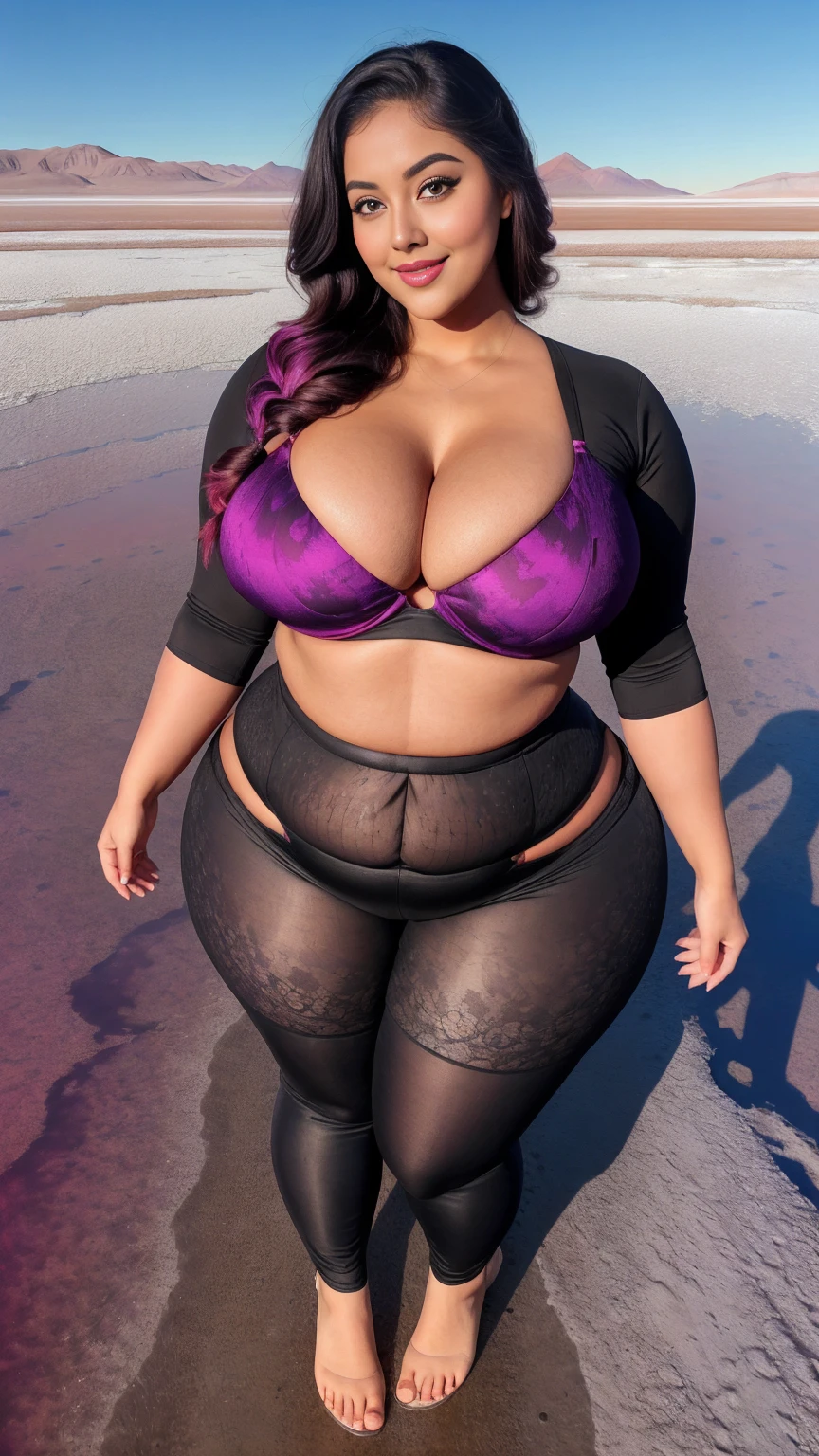 gorgeous curvy plus size Indian bengali actress ritavori , glowing eyes, wearing SHEIN EZwear Number Print Notched Neckline Raglan Sleeve Crop Tee , covered Bust, parted lips, blushing cheeks, thick thighs, bigger waist, busty, curvy plus size body, full body, full body shot, head to toe view, smoothning burgendy color hair with pfrench braid hairstyle, hourglass body, curvy plus size body, smile face, bigger waist, busty, big hips, fleshy thighs, thick thighs, busty, full body view, Salar de Uyuni, Bolivia: Vast salt flats with mirror-like reflections.
