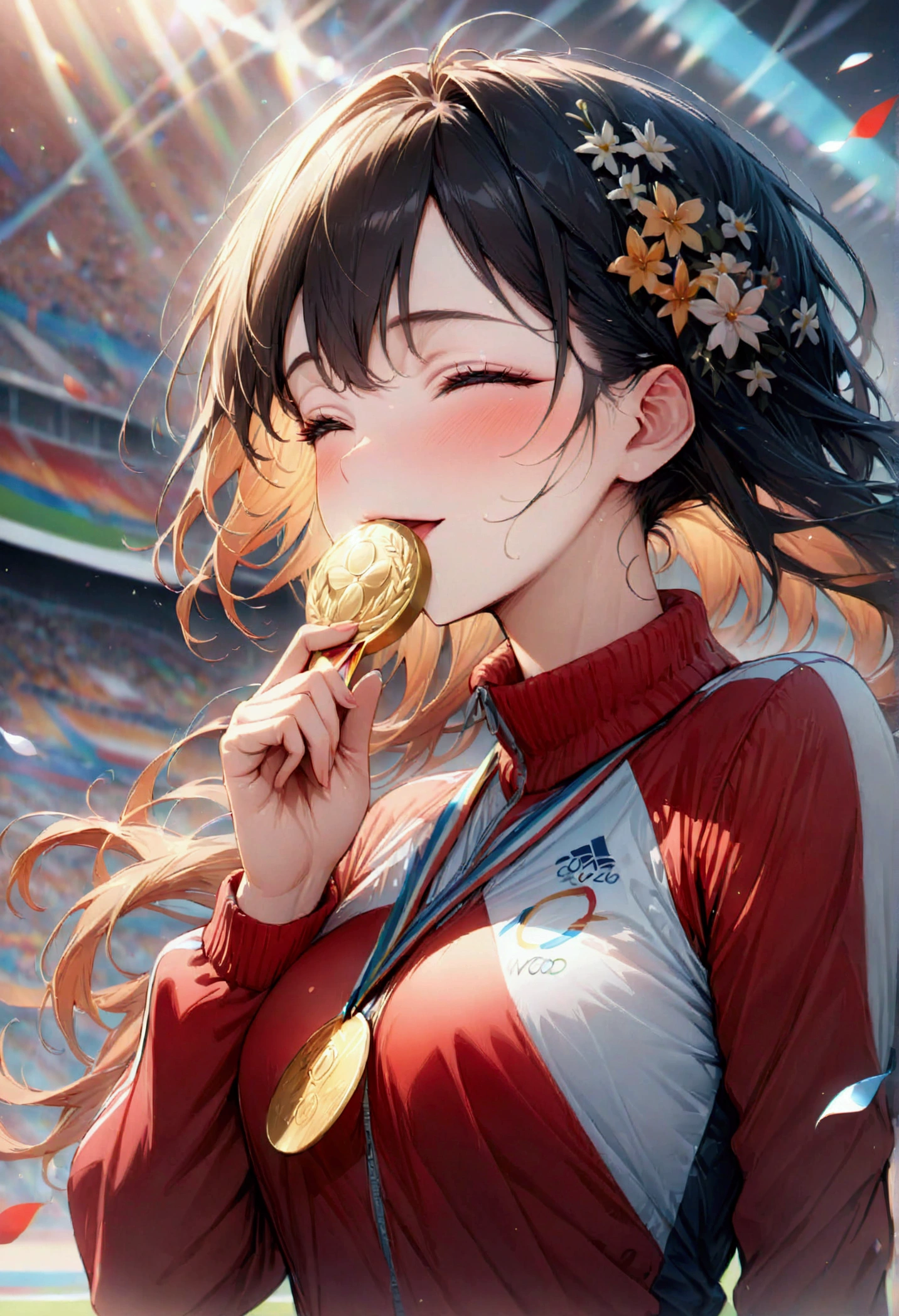 awards ceremony, kissing the gold medal, happy, (masterpiece:1.2), best quality, high quality, Highres, (hyper detailed), Olympic, athlete, track suit, upper body,