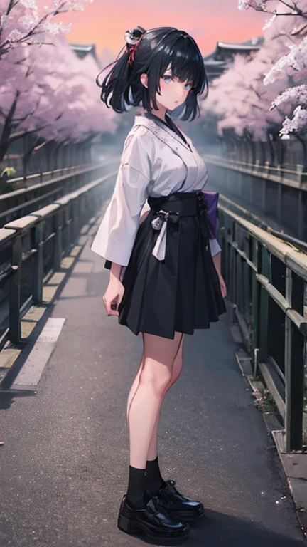 high resolution、anime、One Woman、Long Hair、ponytail、Her hair is deep green、((Facing forward))、Deep blue tight skirt、Kyoto street corner、((Standing facing the viewer on Gojo Bridge in Kyoto))、Full body portrait、At dusk、The backlight is too bright、No one else、Purple Sky、The color of the clothes is cherry blossom pink.、