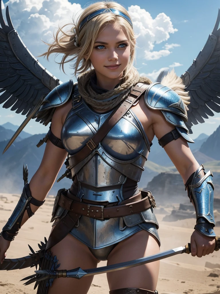 belligerent girl, Valkyrie, bold and beautiful, short blond hair, Blue eyes, smile, Predator's Gaze, Developing hair, A look over the shoulder, headband with metal wings, Sparkling steel, Bow and arrows, Weapon, heat of battle, battle, clouds, realistic photo, high quality, masterpiece, detailed study.