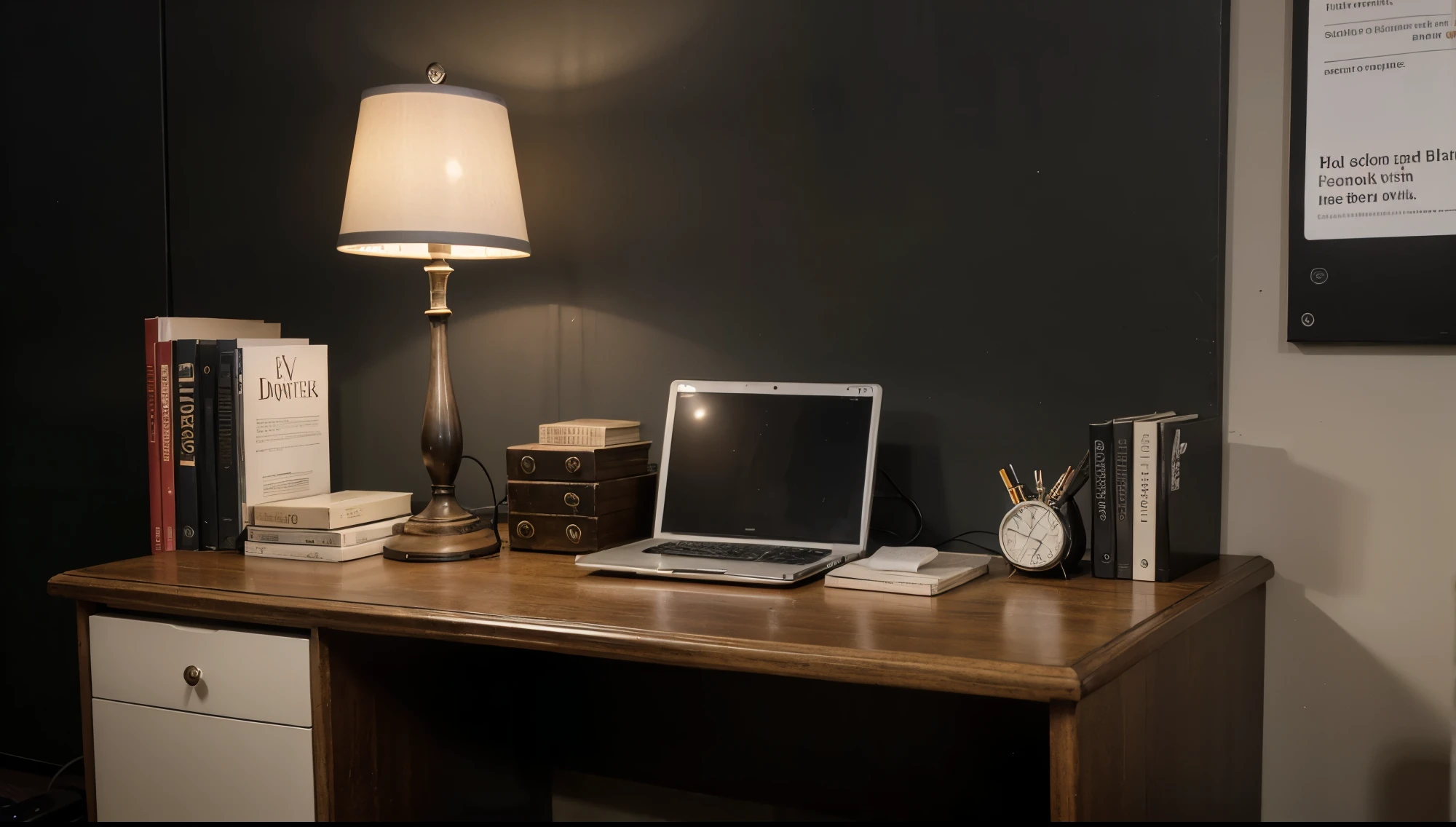 A minimalist study desk, organized with a few books, a lit lamp, pens, and an old-style computer from the mid-2000s. The color palette should be dark, predominantly black, with nostalgic and warm tones. The photo should have a retro vibe from around 2005, avoiding any modern or contemporary appearance.