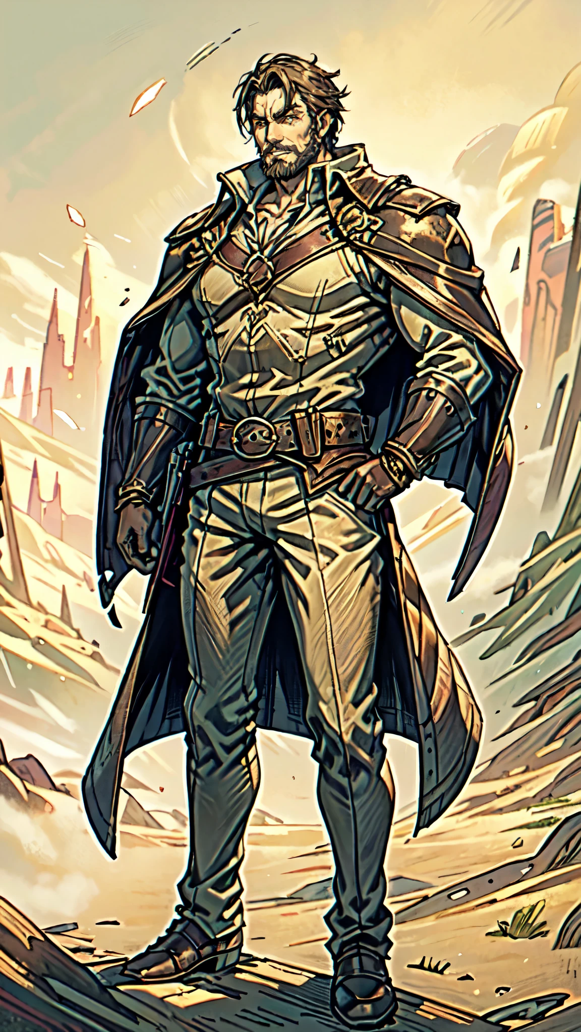 (masterpiece:1.2, best quality:1.2, extremely delicate:1.2), ((male:1.5)), a middle-aged man with short black and gold hair, rugged eyebrows, a full beard, downturned triangular eyes, an arrogant expression, mouth open laughing, a tall and robust build, a fantasy western-style cape and leather coat, his arms crossed over his chest, a leather utility belt, loose canvas trousers, standing majestically on a barren hillside, this character embodies a finely crafted fantasy western-style overlord in anime style, exquisite and mature manga art style, dramatic, high definition, highres, ultra-detailed, ultra-fine painting, professional, perfect body proportions, golden ratio, anatomically correct, symmetrical face, extremely detailed eyes and face, high quality eyes, creativity, RAW photo, UHD, 32k, Natural light, cinematic lighting, (masterpiece-anatomy-perfect:1.2)