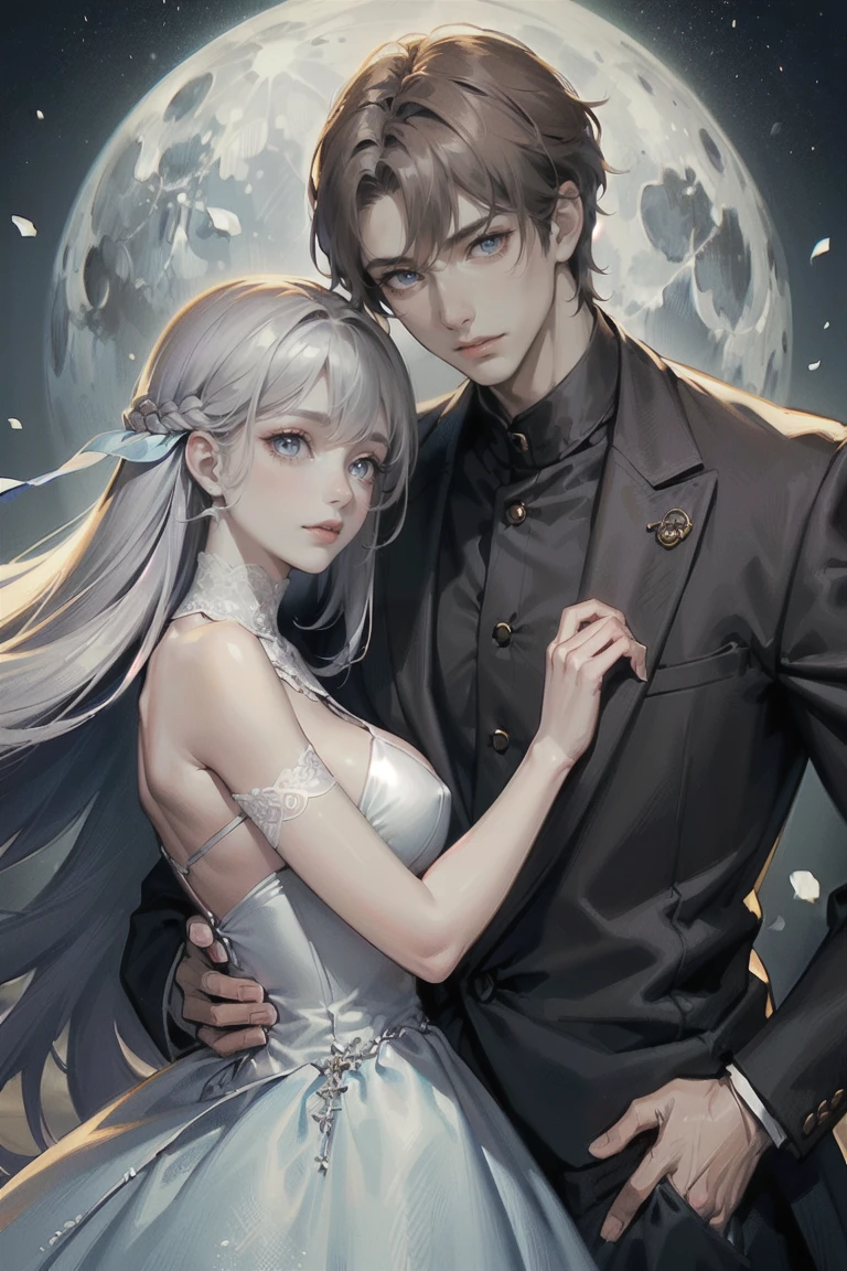 ((Highest quality)), ((masterpiece)), (detailed)、Couple、men and women、Beautiful Youth、beautiful girl、((The man has beautiful silver hair and blue eyes.))、((The woman has brown hair and brown eyes))、Facing each other with the moonlit night as a backdrop、The man is tall and the woman is leaning on him.、Woman smiling