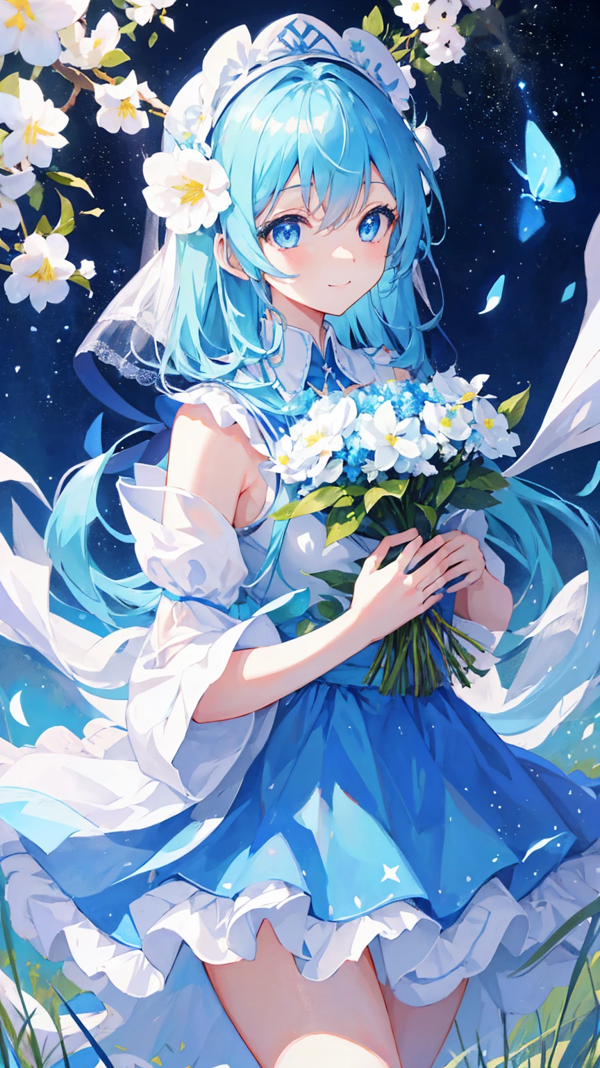 Anime Girl,light blue hair,blue eyes,White裙子,White,Flower headdress,Standing in the flower field,Smile,Starry sky background,Popular topics on artstation pixiv, Digital Art on Pixiv, anime art wallpaper 8 k, Anime Art Wallpaper 4k, Anime Art Wallpaper 4K, Top rated on Pixiv, Beautiful anime artwork, Pixiv competition winner,(Multi-angle)