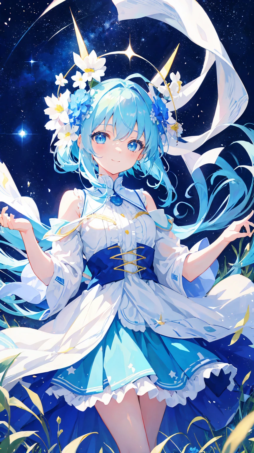 Anime Girl,light blue hair,blue eyes,White裙子,White,Flower headdress,Standing in the flower field,Smile,Starry sky background,Popular topics on artstation pixiv, Digital Art on Pixiv, anime art wallpaper 8 k, Anime Art Wallpaper 4k, Anime Art Wallpaper 4K, Top rated on Pixiv, Beautiful anime artwork, Pixiv competition winner,(Multi-angle)