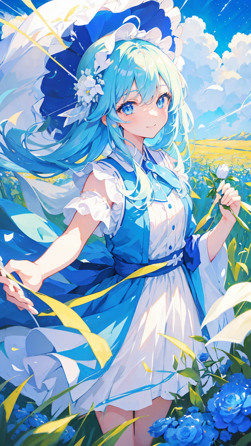 Anime Girl,light blue hair,blue eyes,White裙子,White,Flower headdress,Standing in the flower field,Smile,Starry sky background,Popular topics on artstation pixiv, Digital Art on Pixiv, anime art wallpaper 8 k, Anime Art Wallpaper 4k, Anime Art Wallpaper 4K, Top rated on Pixiv, Beautiful anime artwork, Pixiv competition winner,(Multi-angle)