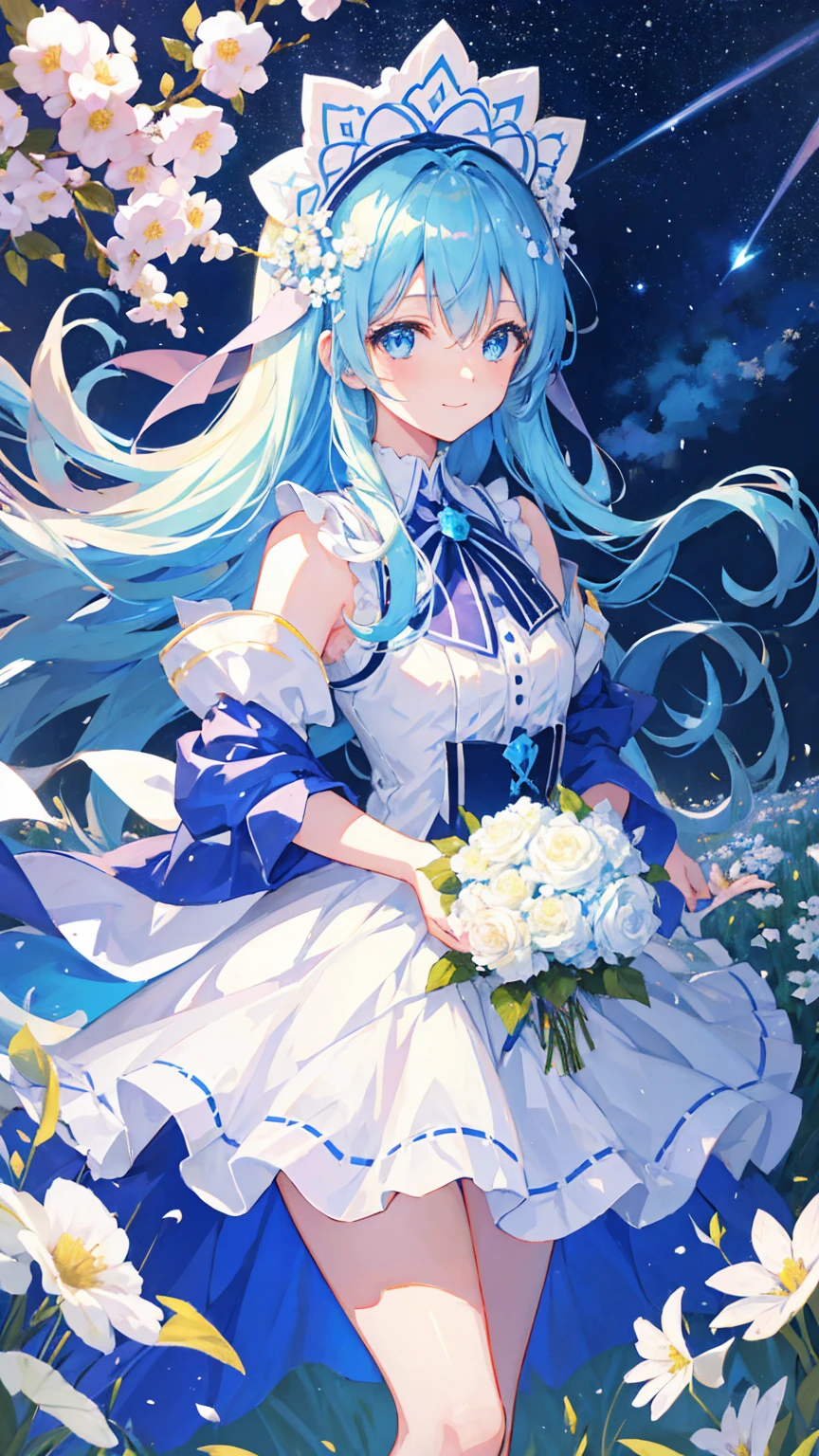 Anime Girl，light blue hair，blue eyes，White裙子，White，Flower headdress，Standing in the flower field，Smile，Starry sky background，Popular topics on artstation pixiv, Digital Art on Pixiv, anime art wallpaper 8 k,  Anime Art Wallpaper 4k, Anime Art Wallpaper 4K, Top rated on Pixiv, Beautiful anime artwork, Pixiv competition winner，（Multi-angle）