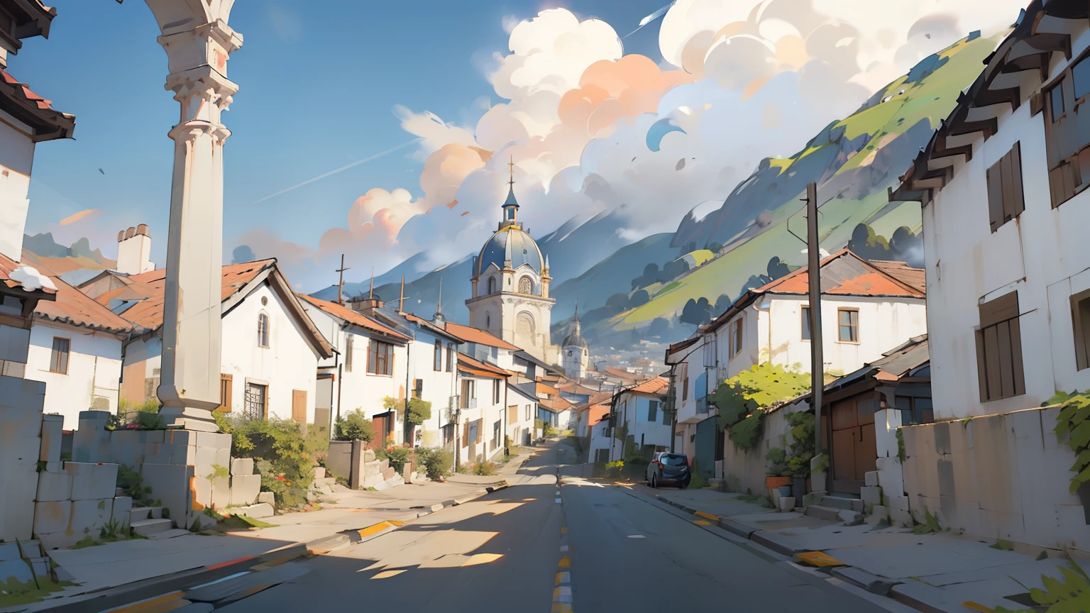 Draw a golden sunrise over the cobblestone streets of Quito. The mountains around the city look big and majestic, with snowy peaks shining in the sun. In the background, there are church bells ringing, announcing an important day in the history of Ecuador. (with few features)(vector drawings)