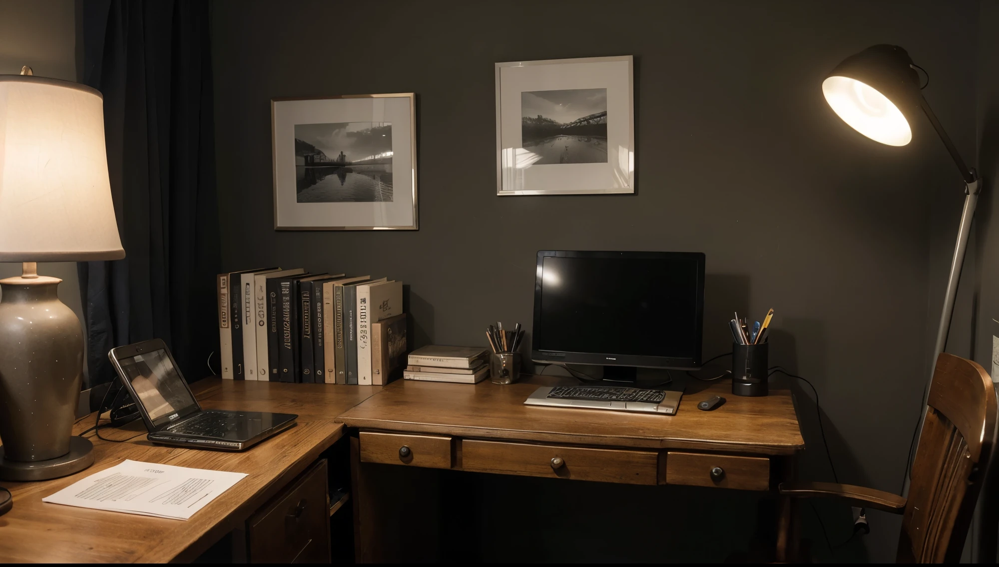 A minimalist study desk, organized with a few books, a lit lamp, pens, and an old-style computer from the mid-2000s. The color palette should be dark, predominantly black, with nostalgic and warm tones. The photo should have a retro vibe from around 2005, avoiding any modern or contemporary appearance.