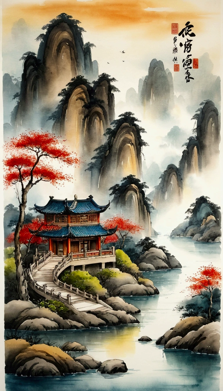 Chinese figure landscape painting，Ink painting and watercolor，larger ancient figures，The scholar，Lao Tzu，disciple，ink，Faraway view，Ultra-wide viewing angle，meticuloso，Low saturation in distant view，low-contrast，Beautifully depicted，Acura，Works of masters，tmasterpiece, boat