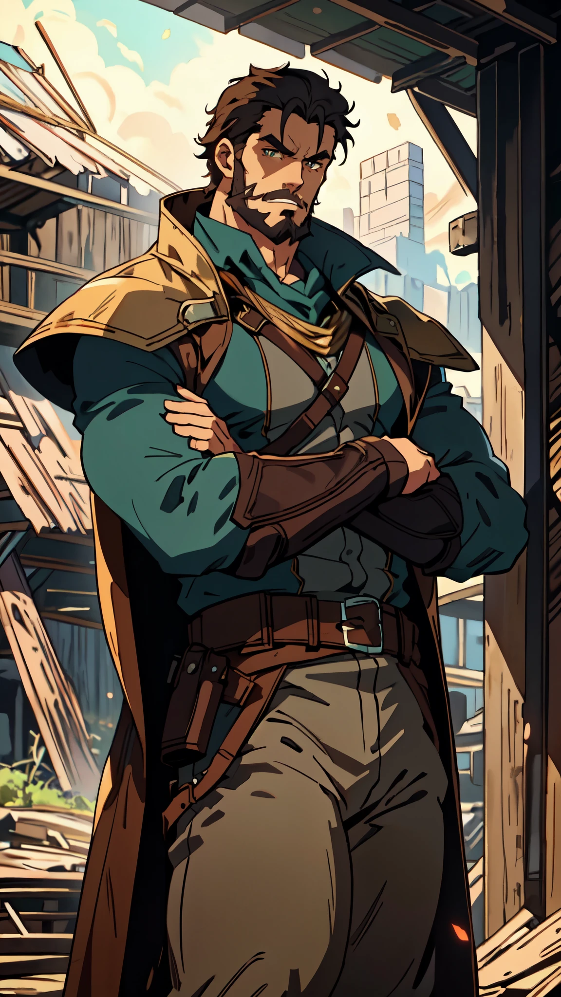 (masterpiece:1.2, best quality:1.2, extremely delicate:1.2), ((male:1.5)), a middle-aged man with short black and gold hair, rugged eyebrows, a full beard, downturned triangular eyes, an arrogant expression, mouth open laughing, a tall and robust build, a fantasy western-style cape and leather coat, his arms crossed over his chest, a leather utility belt, loose canvas trousers, standing majestically on a barren hillside, this character embodies a finely crafted fantasy western-style overlord in anime style, exquisite and mature manga art style, dramatic, high definition, highres, ultra-detailed, ultra-fine painting, professional, perfect body proportions, golden ratio, anatomically correct, symmetrical face, extremely detailed eyes and face, high quality eyes, creativity, RAW photo, UHD, 32k, Natural light, cinematic lighting, (masterpiece-anatomy-perfect:1.2)