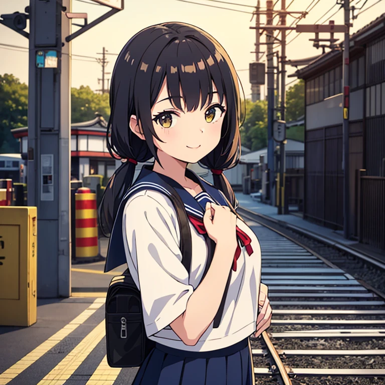 1girl, standing, (hand on chest with left hand), (head tilt), smile, 16yo, gentle smile, head tilt, (railroad barrier, railroad crossing gate:1.3), (railroad crossing in Japan:1.6), (black and yellow bars:1.6), (red warning light:1.2), asphalt road, outdoor, city, Tokyo, (low twintails), red ribbon in hair, very long black hair, white serafuku with blue ribbon, navy-blue collar, navy-blue skirt, (dark brown eye), school bag on right shoulder, afternoon, summer, (from front:1.4), upper body, detailed face, detailed eyes, (high quality, ultra detailed, masterpiece, super detail, highres, anatomically correct, UHD), good hands, good fingers, Japanese anime style, extremely cute