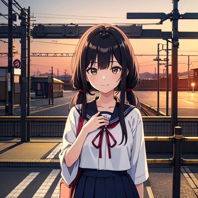 1girl, standing, (hand on chest with left hand), (head tilt), smile, , gentle smile, head tilt, (railroad barrier, railroad crossing gate:1.3), (railroad crossing in Japan:1.6), (black and yellow bars:1.6), (red warning light:1.2), asphalt road, outdoor, city, Tokyo, (low twintails), red ribbon in hair, very long black hair, white serafuku with blue ribbon, navy-blue collar, navy-blue skirt, (dark brown eye), school bag on right shoulder, afternoon, summer, (from front:1.4), upper body, detailed face, detailed eyes, (high quality, ultra detailed, masterpiece, super detail, highres, anatomically correct, UHD), good hands, good fingers, Japanese anime style, extremely cute