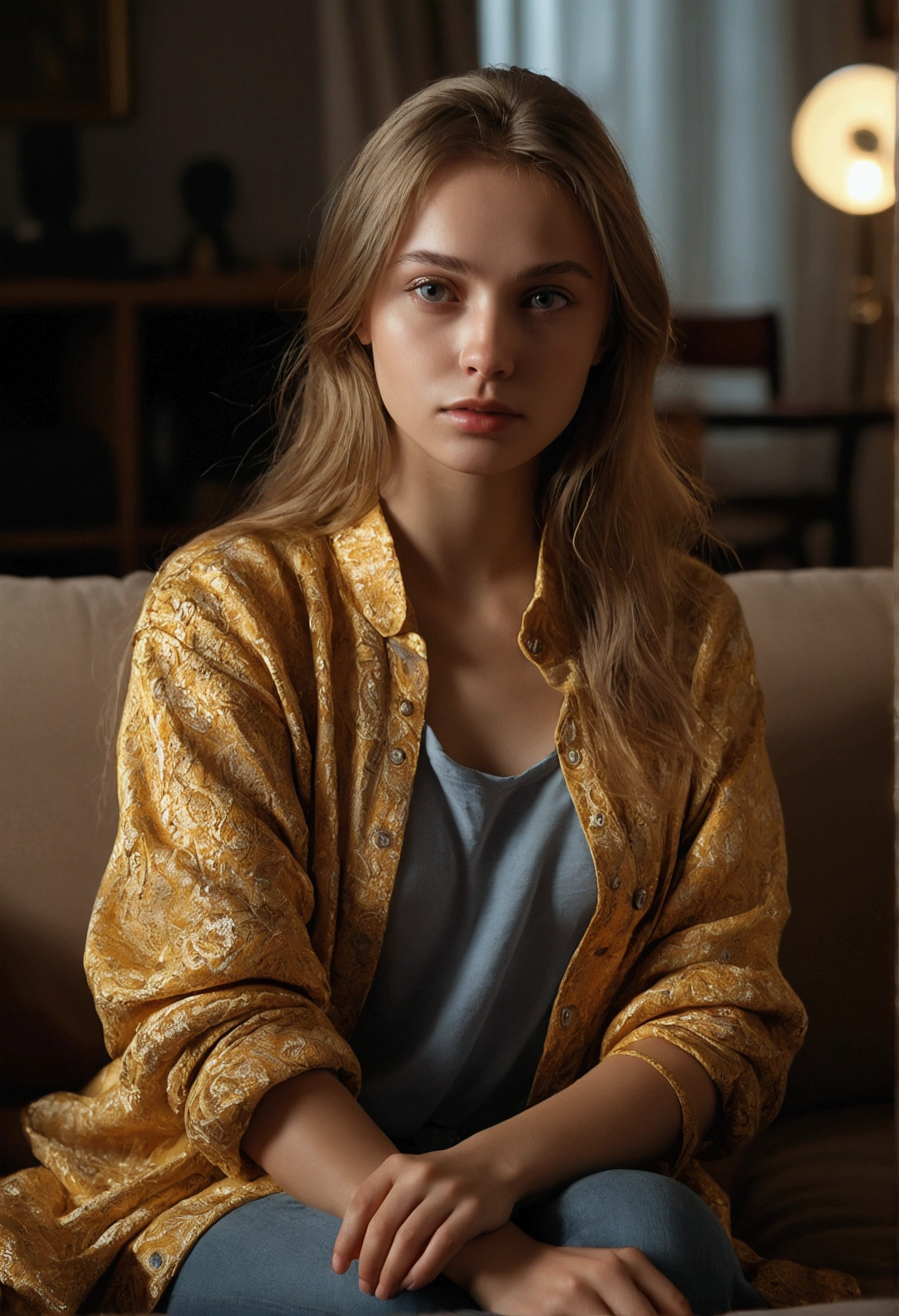 gorgeous young Russian, wearing loose outfit, in her living room, on a sofa,  full body, beautiful face, masterpiece, best quality, ultra-detalled, solo, shadows, contrast, cinematic light, side lighting, ultra high resolution, best shadow, RAW, 4K, 85 mm, Kodak vision color, Cinematographer_\(ultra\),, photorealistic, realistic, postproceco, maximum details, aspereza, vida real, ultrarealista,, fotorrealismo, Cinematographer, 8K UHD, Cinematographer