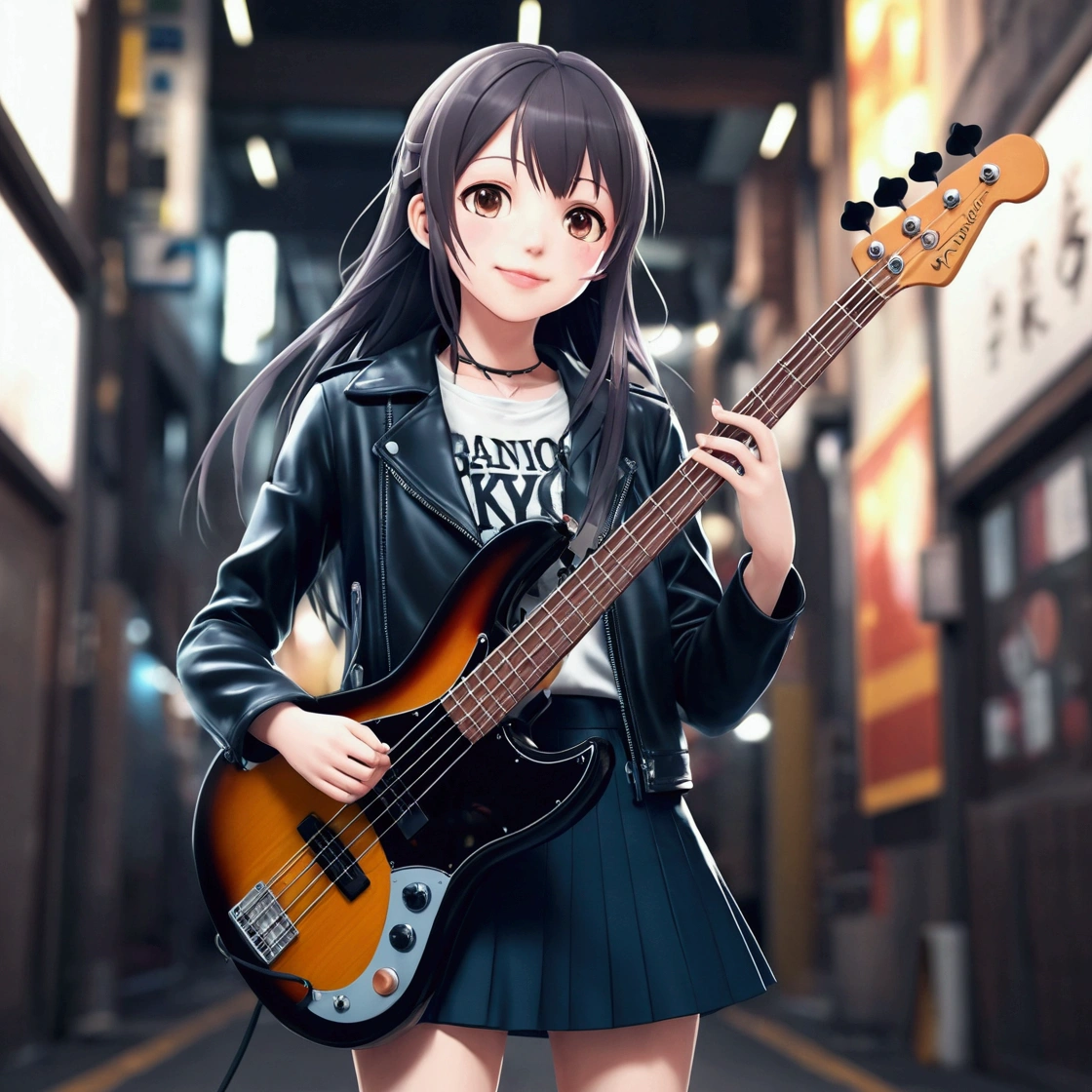 girl playing guitar on the city street, bassist, Realistic. 8K, render of a cute girl, Photorealistic girl rendering, 3d girl, Realistic style, Smooth anime CG