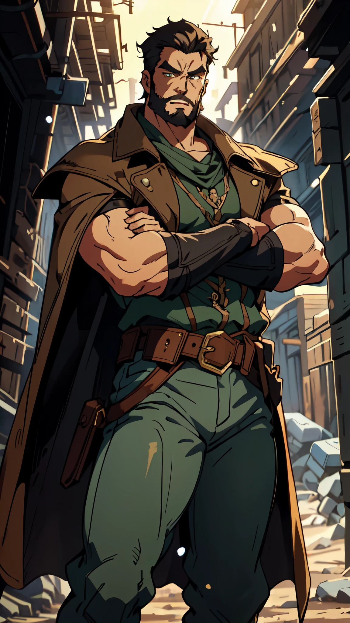 (masterpiece:1.2, best quality:1.2, extremely delicate:1.2), ((male:1.5)), a middle-aged man with short black and gold hair, rugged eyebrows, a full beard, downturned triangular eyes, an arrogant expression, mouth open laughing, a tall and robust build, a fantasy western-style cape and leather coat, his arms crossed over his chest, a leather utility belt, loose canvas trousers, standing majestically on a barren hillside, this character embodies a finely crafted fantasy western-style overlord in anime style, exquisite and mature manga art style, dramatic, high definition, highres, ultra-detailed, ultra-fine painting, professional, perfect body proportions, golden ratio, anatomically correct, symmetrical face, extremely detailed eyes and face, high quality eyes, creativity, RAW photo, UHD, 32k, Natural light, cinematic lighting, (masterpiece-anatomy-perfect:1.2)