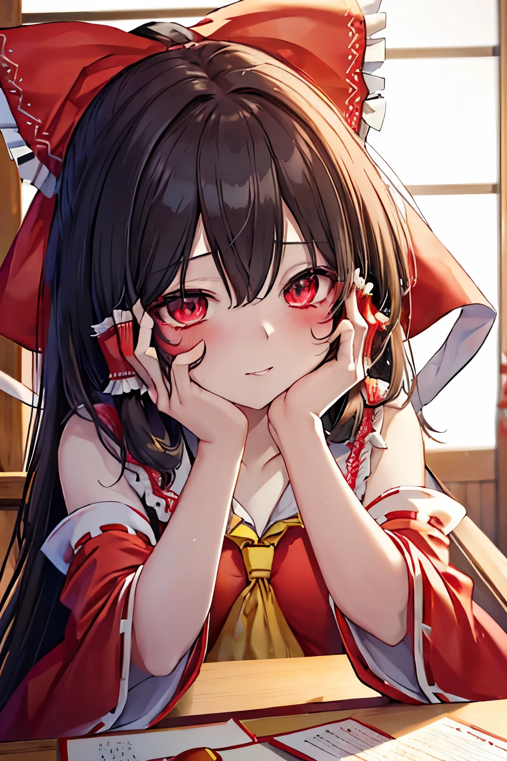 ((Borei Reimu:1.3)), ((Highest quality)), ((Very detailed)), Tabletop, Absurd, (Detailed eyes, Deep Eyes), (One Girl), Yandere trance, Yandere, put your hand on your face, ((Please cover your cheeks with both hands:1.2)), Shadowed face, ((Lightless Eyes)), (Upper Body), Hexmania CMS, ((@.@)), Sagging under the eyes, Ahoge, Red ribbon, Black Hair, Pale skin, Small breasts, , Red shrine maiden outfit, (Japanese style room desk dark)
