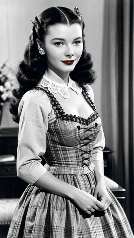 Vivien Leigh dressed in sexy Swedish traditional clothing with lipstick and smiling