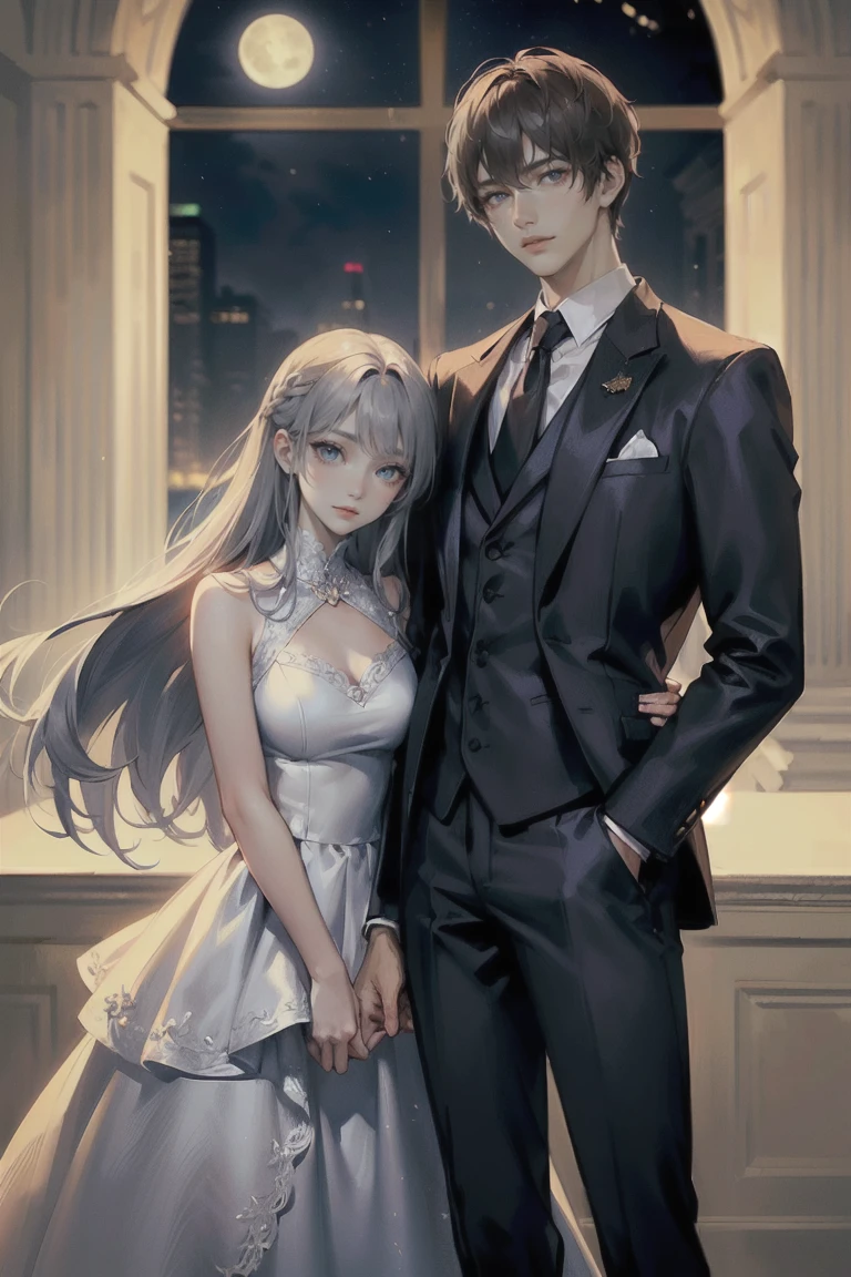 ((Highest quality)), ((masterpiece)), (detailed)、Couple、men and women、Beautiful Youth、beautiful girl、((The man has beautiful silver hair and blue eyes.))、((The woman has brown hair and brown eyes))、Facing each other with the moonlit night as a backdrop、The man is tall and the woman is leaning on him.、Woman smiling