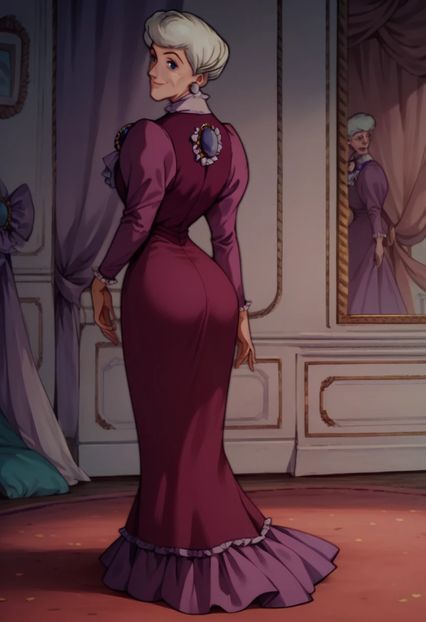 score_9_up, score_8_up, score_7_up, score_6_up, 1 girl, solo, m_adelaide, old woman, blue eyes, earrings, long purple dress, brooch, smile, in a beautiful french mansion, cartoon, retro artstyle, Standing, full body, looking on viewer, back view, ass,