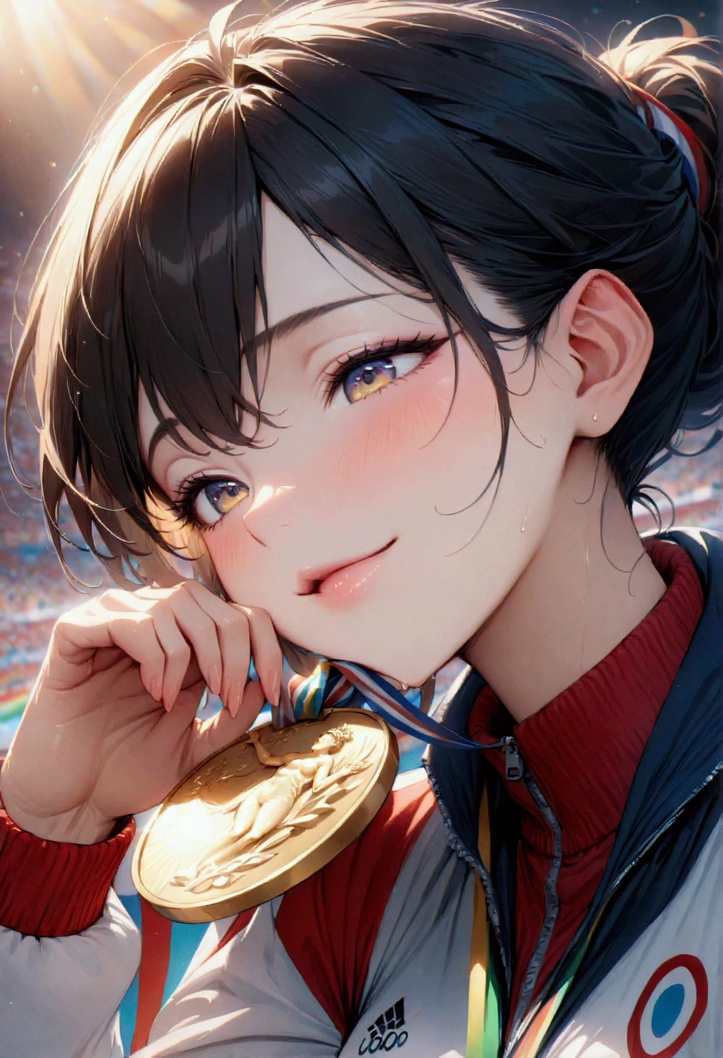 awards ceremony, kissing the gold medal, happy, (masterpiece:1.2), best quality, high quality, (hyper detailed), 4K, high resolution, extremely detailed CG, Olympic, athlete, track suit, upper body,