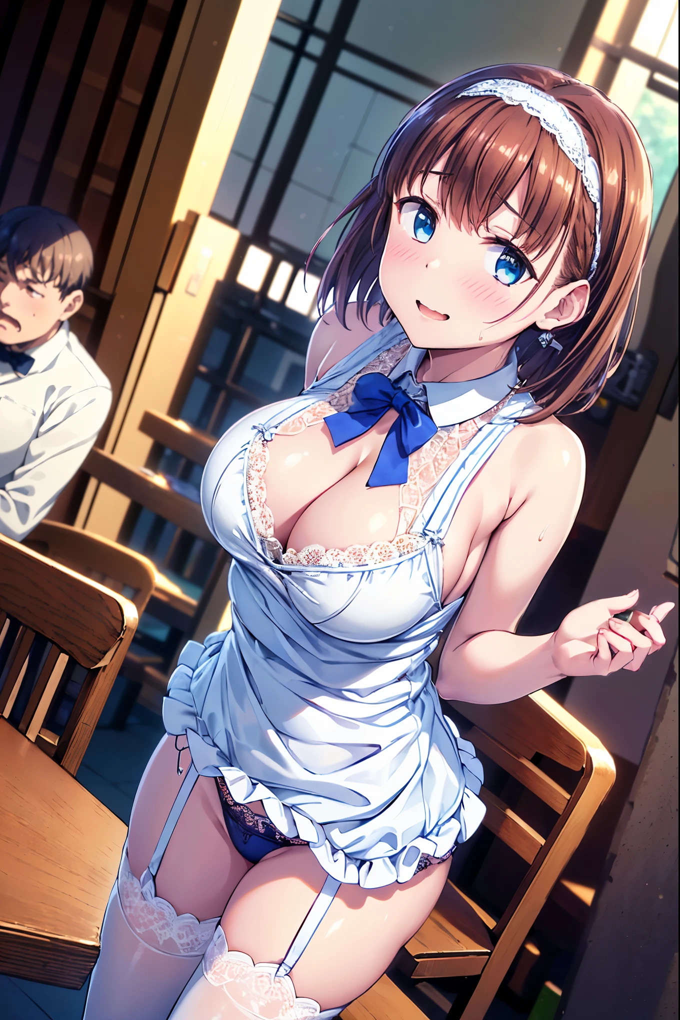 (((masterpiece, Highest quality, High resolution, 超High resolution, Perfect Pixel, Depth of written boundary, 4K, RTTX 10.0))), Beautiful Anime Woman, Beautiful art style, Anime characters, ((Smooth texture, Realistic texture, Anime CG Style)), Perfect and accurate finger count、Exact number of legs、(Exact number of arms:1.0, Exact number of hands:1.0), (Perfect hands, Perfect Anatomy), Cinematic, Realistic, Extremely detailed CG, Daytime lighting, Perfect lighting, Best Shadow, The best natural light, whole body, Perfect body, バランのとれたPerfect body, Perfectly balanced style, Slender body, ((bangs, Reddish brown hair, Ai-chanの髪型)), ((A cute adult woman is standing facing this way:1.8)), ((Bow tie around neck:1.3), (Sexy and cute blue underwear:1.3), (Stylish shiny blue satin panties, Side-tie panties, Panties with plain blue center and lace decoration on the sides:1.3), (Thin panties:1.3), (Blue micro lace satin bra, Blue bra with lace trim around the edges, Thin bra:1.3), (lace garter belt, Garter Strings, Knee socks:1.3):1.3), (Beautiful big boobs:1.3), (Embarrassed expression:1.7), blush, (Stylish restaurant, Many visitors in the background, Inside the crowded store, Tables and chairs filled with male customers, Many men sitting at tables and chairs, The attention men are giving her:1.7), naked, In underwear, パンティとブラとガーターベルトとKnee socksだけ, (White ruffled headband:1.2), Angle from the front, Ai-chan