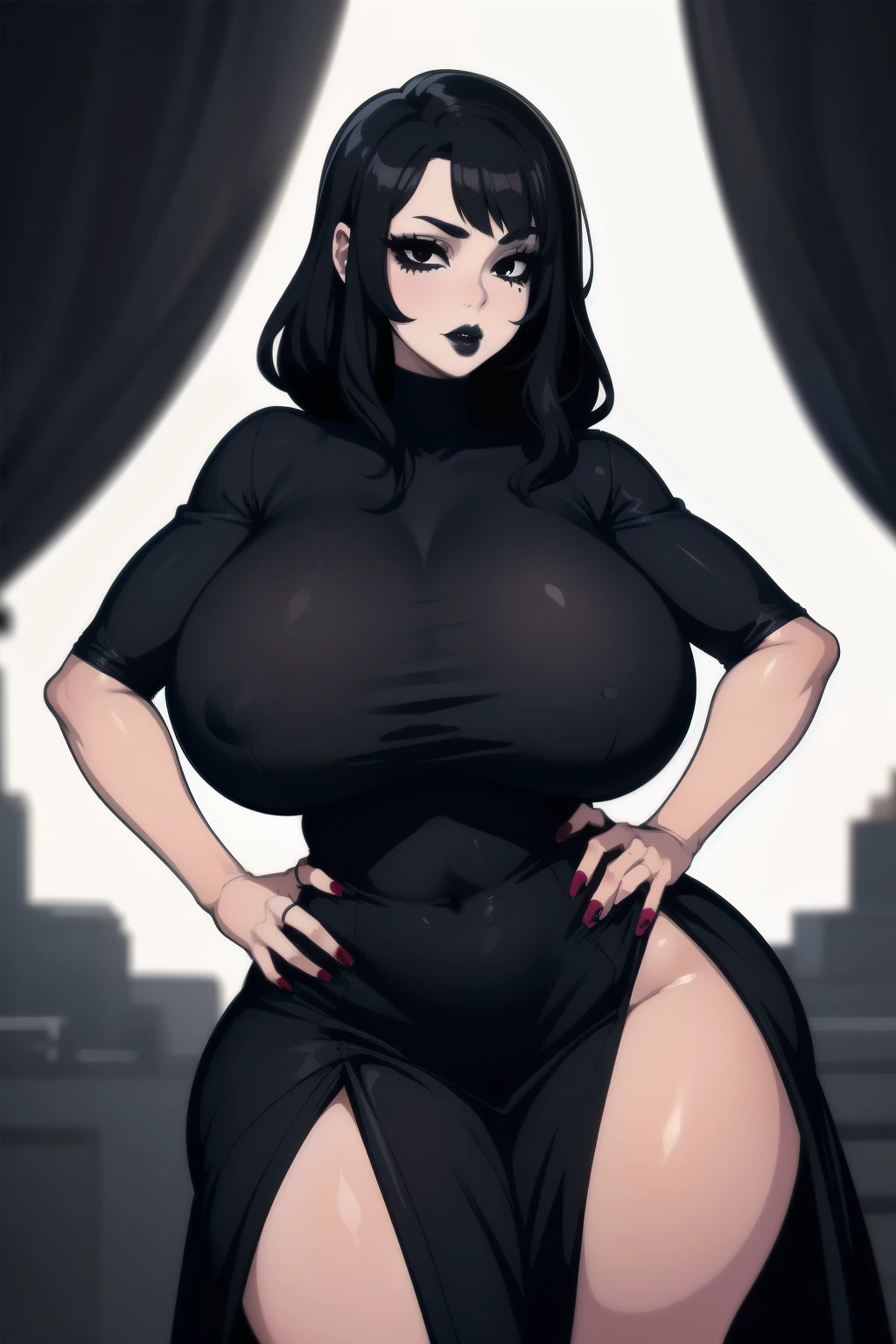 1girl,solo,black hair,black eyes, huge breasts, round ass, wide hips, hand on hips,black lipstick ,big lips, black dress 