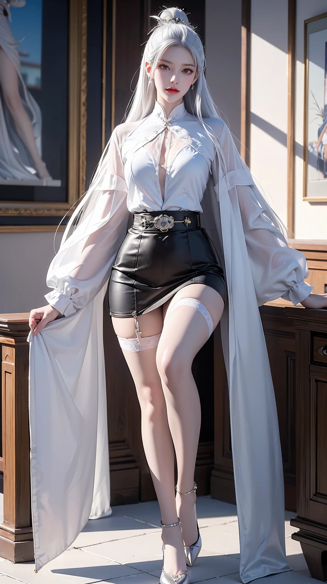 Ray Tracing，{best quality}，{ {masterpiece}}，Extremely detailed 8k wallpaper，{Extremely refined}，Colorful，Intricate details，realism，Cool and fair skin，（Apply blush carefully）,1080P，sun，Soft，Sense of Brokenness，Smooth and silky skin，3d，masterpiece，best quality，8K Ultra HD，masterpiece,best quality,Photo-real，Domineering female CEO，Slim，White hair，长White hair，in office，Full body portrait，Black pantyhose，High heel，wear glasses，Dragon Method，High Aims，Wearing a black suit，Short skirt，very beautiful, Skin is delicate and bright, garter, Thigh straps,