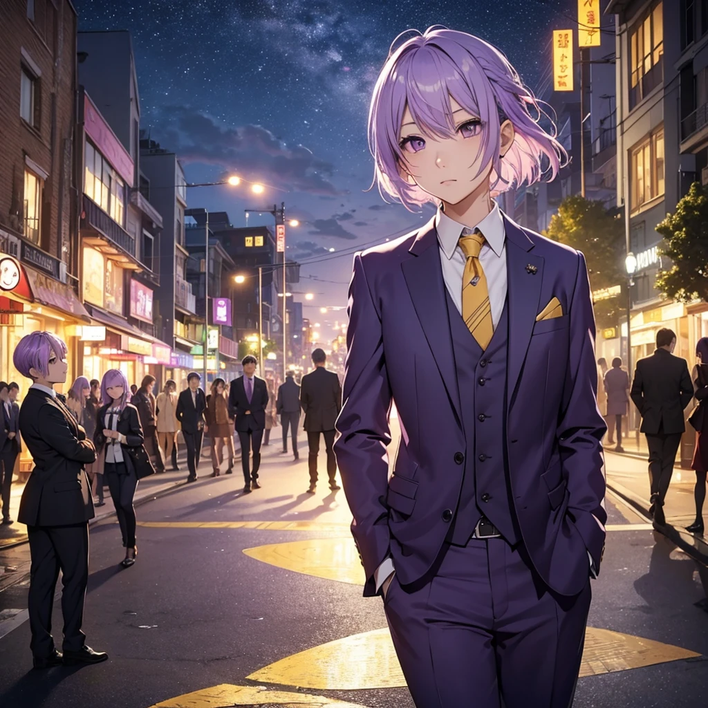 Light purple hair、Yellow Eyeedium Hair、Beautiful、One Girl、Only one girl、Night、Wearing a suit、Are standing、profile、Looking into the distance、Just One、at the park