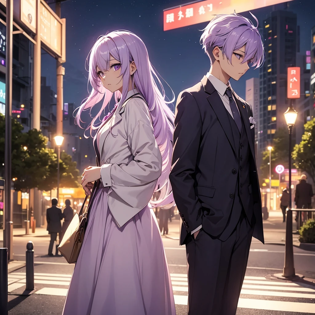 Light purple hair、Yellow Eyeedium Hair、Beautiful、One Girl、Only one girl、Night、Wearing a suit、Are standing、profile、Looking into the distance、Just One、at the park