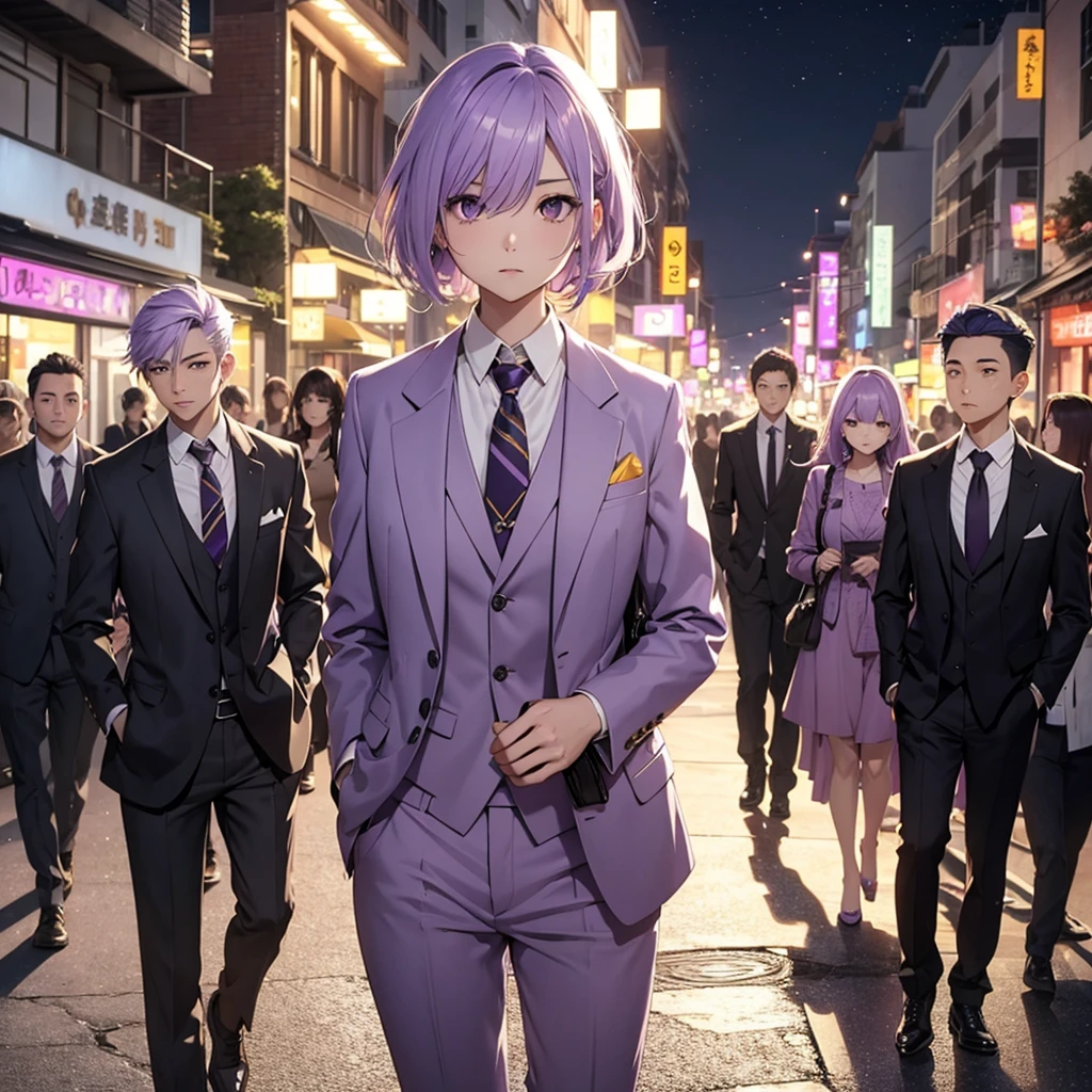 Light purple hair、Yellow Eyeedium Hair、Beautiful、One Girl、Only one girl、Night、Wearing a suit、Are standing、profile、Looking into the distance、Just One、at the park