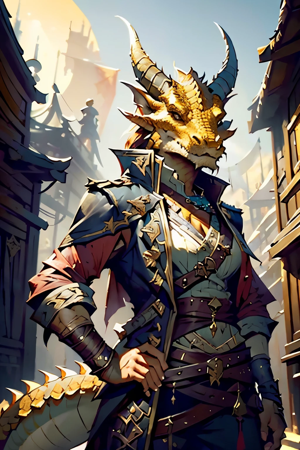 a fantasy warrior with dragon head helmet, orange scales, holding sword in hand, standing on city street, green, black leather gloves, highly detailed, fantasy art, (best quality,4k,8k,highres,masterpiece:1.2),ultra-detailed,(realistic,photorealistic,photo-realistic:1.37),digital art, cinematic lighting, dramatic shadows, hyper realistic, intricate details, volumetric fog, vibrant colors