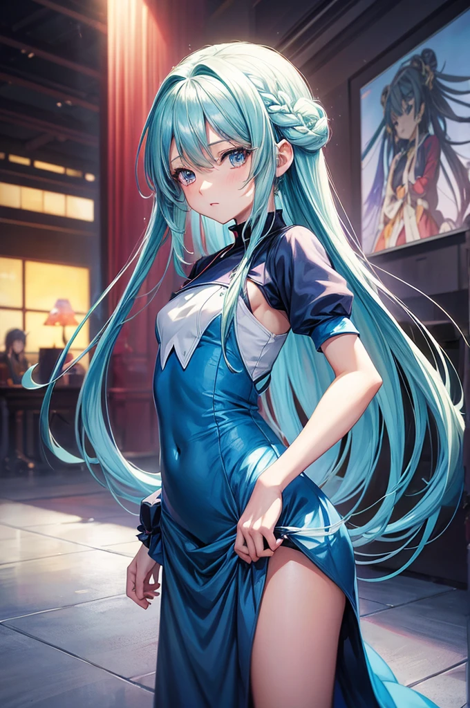anime girl with long hair and a blue dress , anime moe artstyle, painted in anime painter studio, high quality anime artstyle, flat anime style shading, anime artstyle, smooth anime cg art, clean detailed anime art, detailed digital anime art, made with anime painter studio, kantai collection style, digital anime illustration, anime art style, kawacy