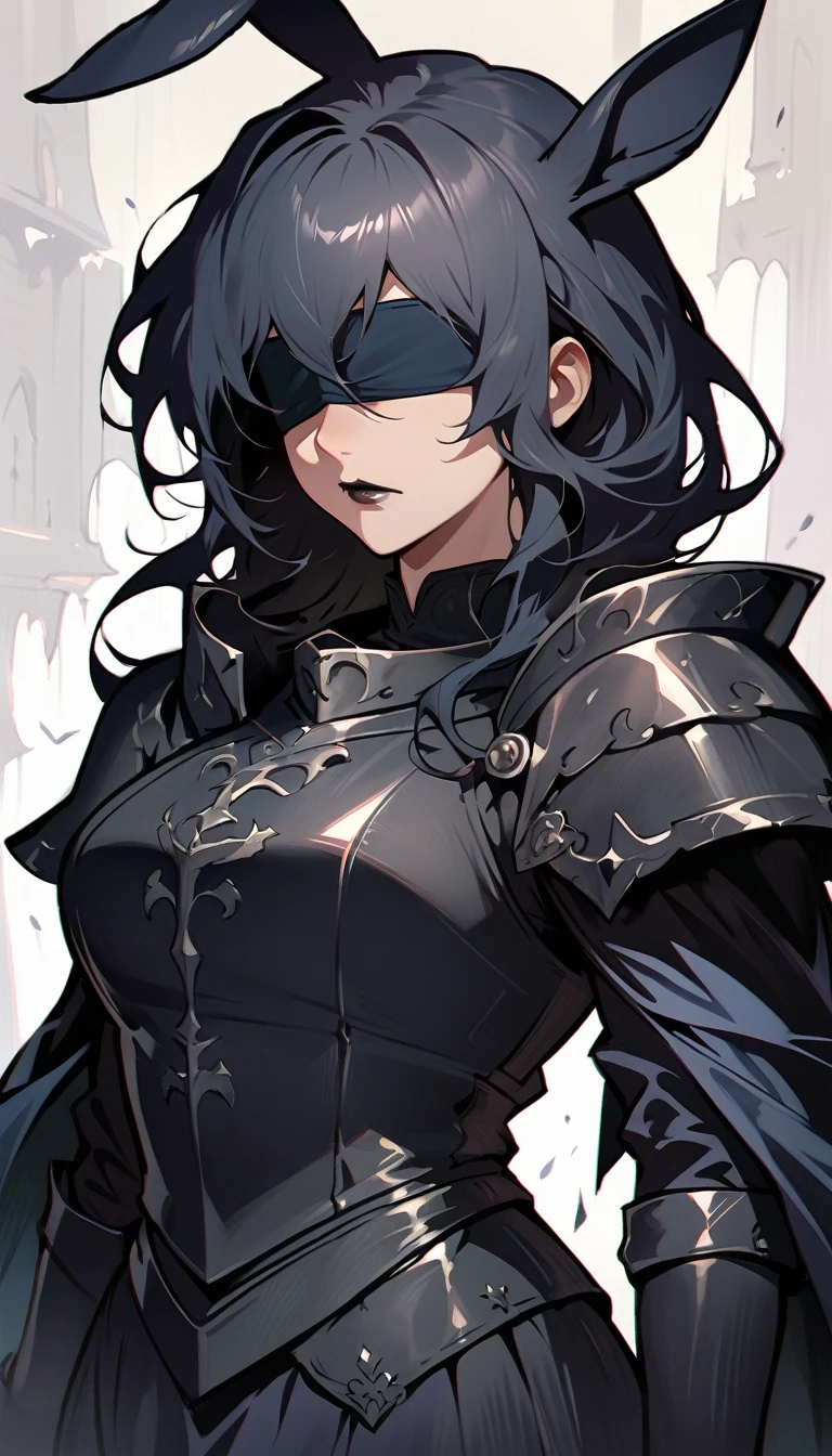 (high quality, 8k, 4K, high contrast, artwork:1.2, high quality, best aesthetics), (centered), ((1 woman)), mature body, super detailed, beautiful face detailed, detailed beautiful mouth, (long wavy black hair), (both eyes blindfolded), (blindfolded), (black blindfold), (serious expression), (black lipstick), (front view), (standing), (robust and imposing black medieval armor), (shoulder pads), (long black cape), (black bunny ears), (medieval knight)