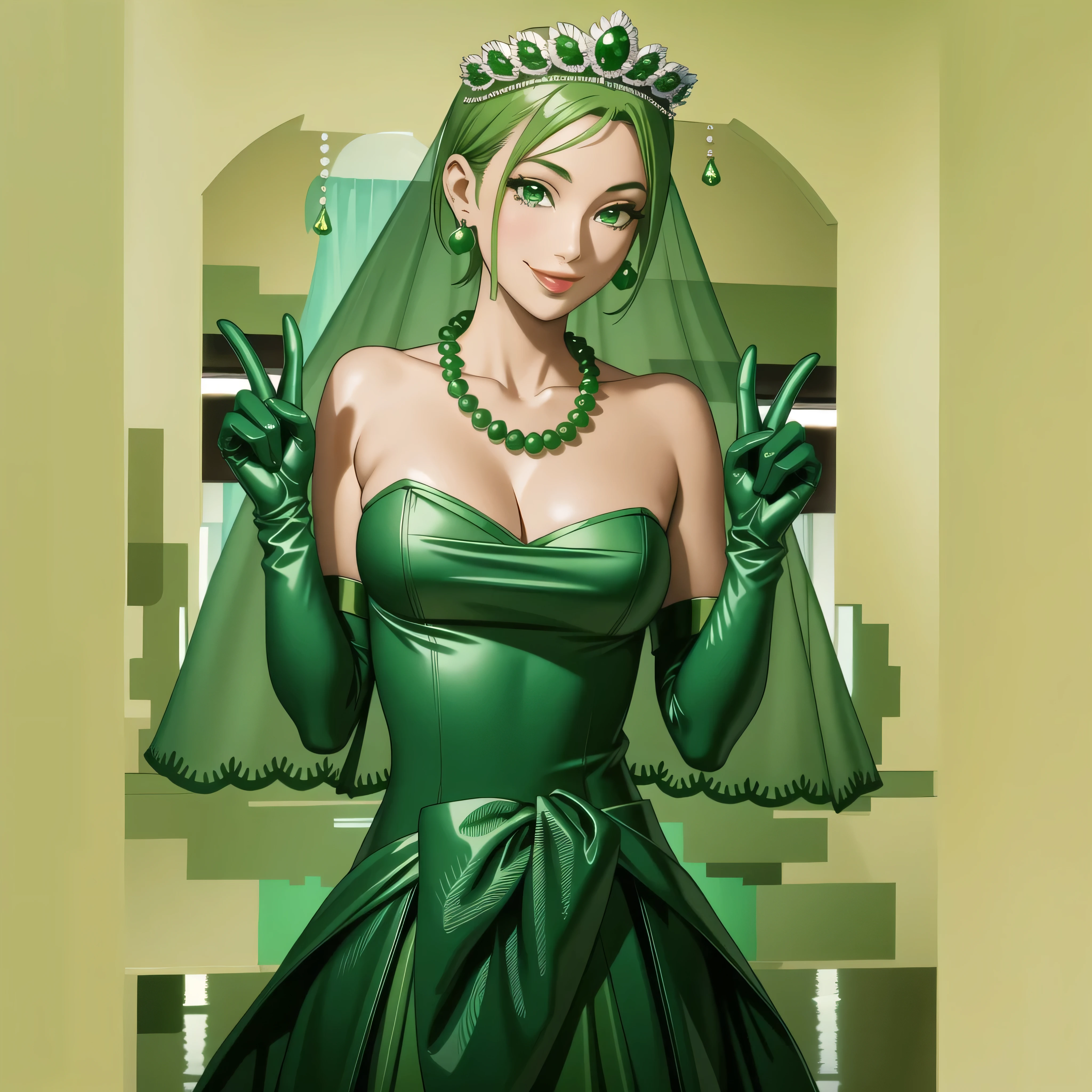 Emerald tiara, Green Pearl Necklace, Boyish very short green hair, Green Lips, Smiling Japanese woman, Very short hair, Busty beautiful lady, Green Eyes, Green satin long gloves, Green Eyes, Emerald Earrings, Green veil, all, Green Hair, Beautiful Japanese Women, green lip gloss