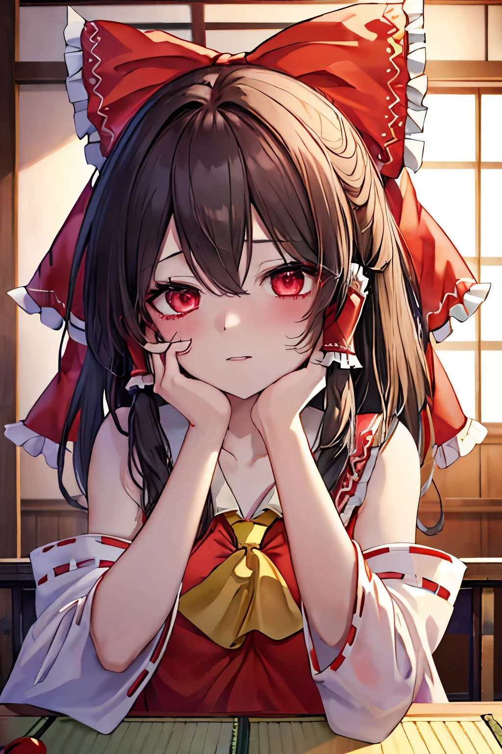((Borei Reimu:1.3)), ((Highest quality)), ((Very detailed)), Tabletop, Absurd, (Detailed eyes, Deep Eyes), (One Girl), Yandere trance, Yandere, put your hand on your face, ((Please cover your cheeks with both hands:1.2)), Shadowed face, ((Lightless Eyes)), (Upper Body), Hexmania CMS, ((@.@)), Sagging under the eyes, Ahoge, Red ribbon, Black Hair, Pale skin, Small breasts, , Red shrine maiden outfit, (Japanese style room desk dark)